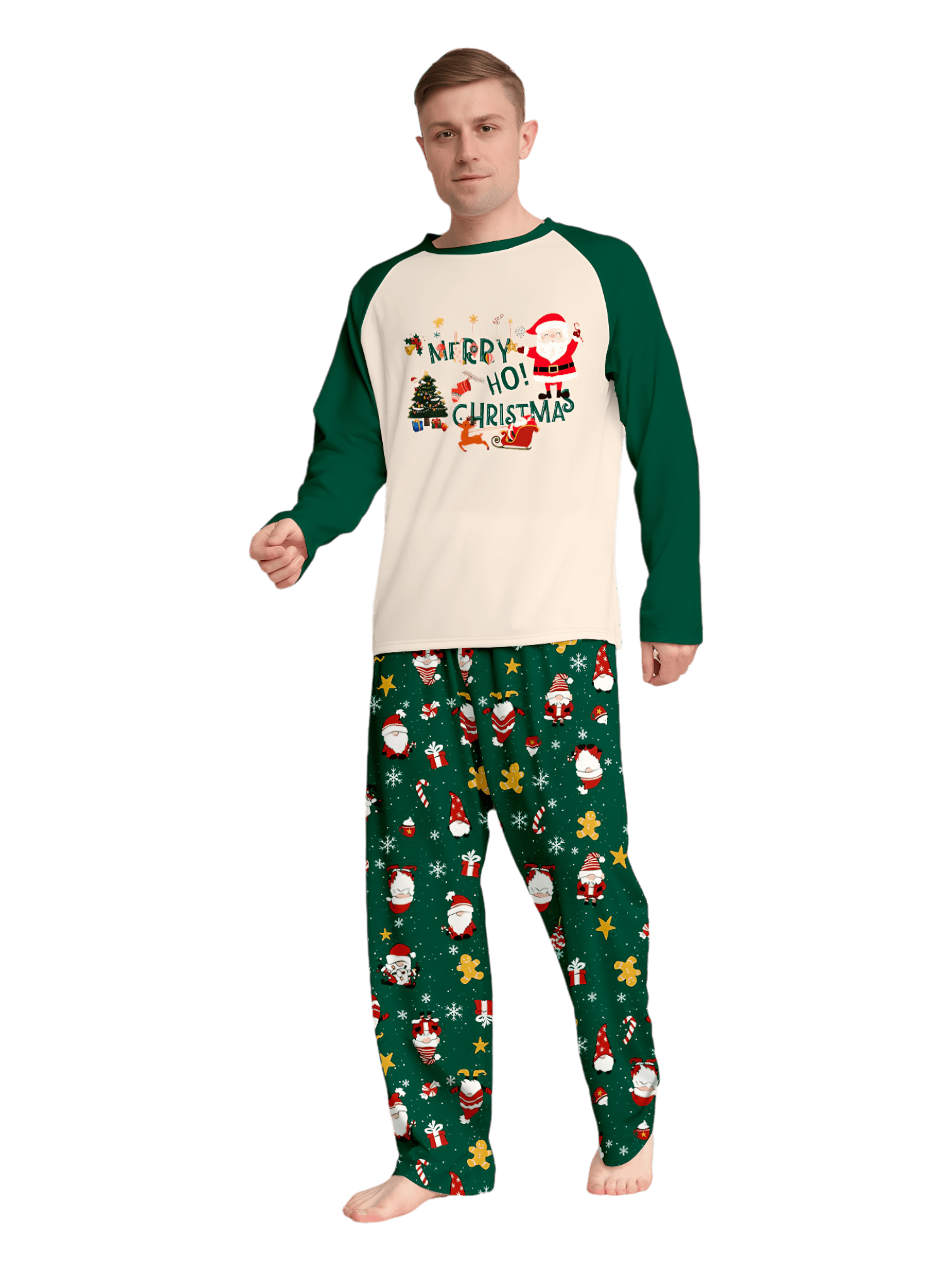 Original pijama navideño verde estrellado con motivos navideños y de Papá Noel