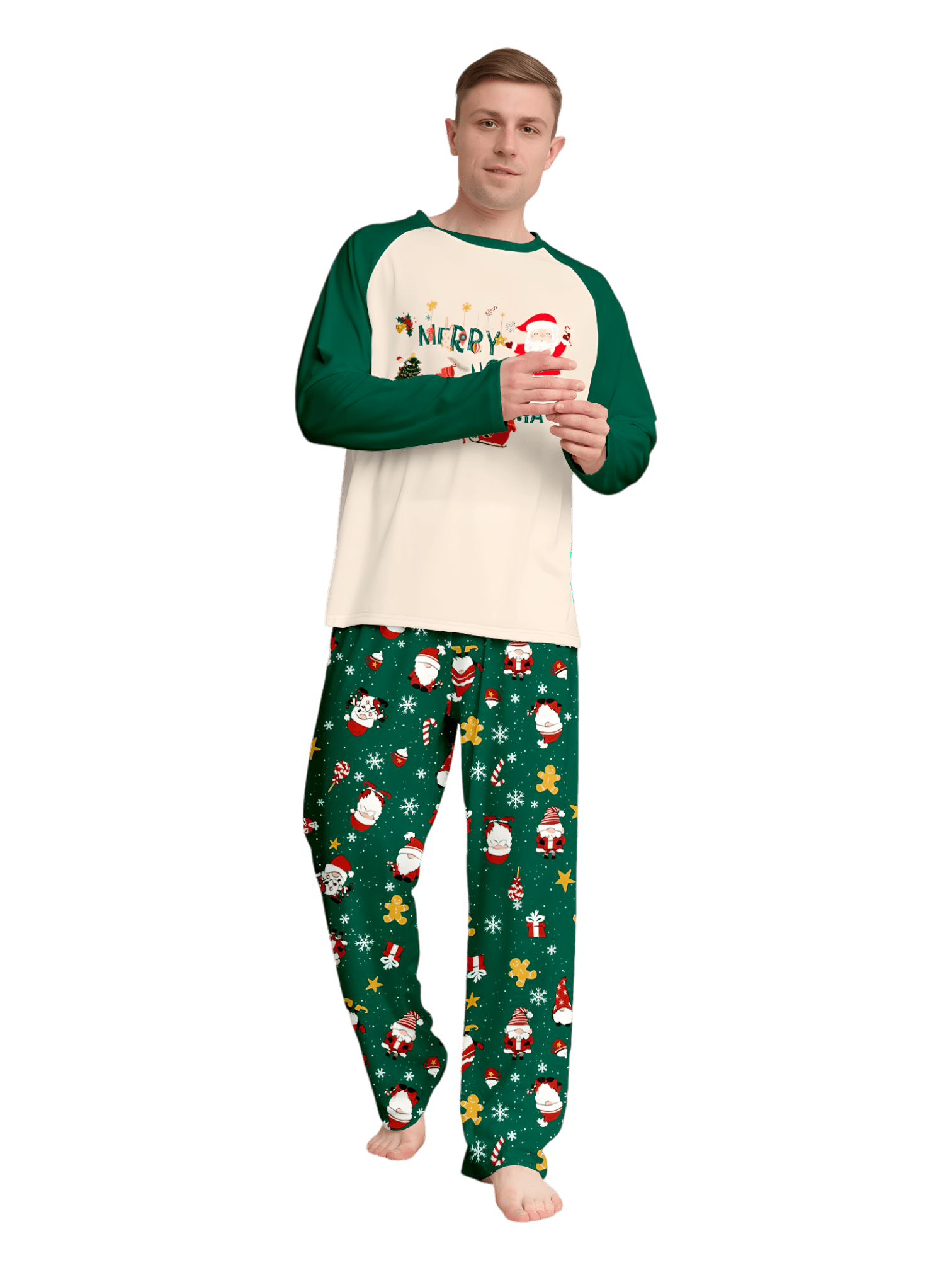 Original pijama navideño verde estrellado con motivos navideños y de Papá Noel