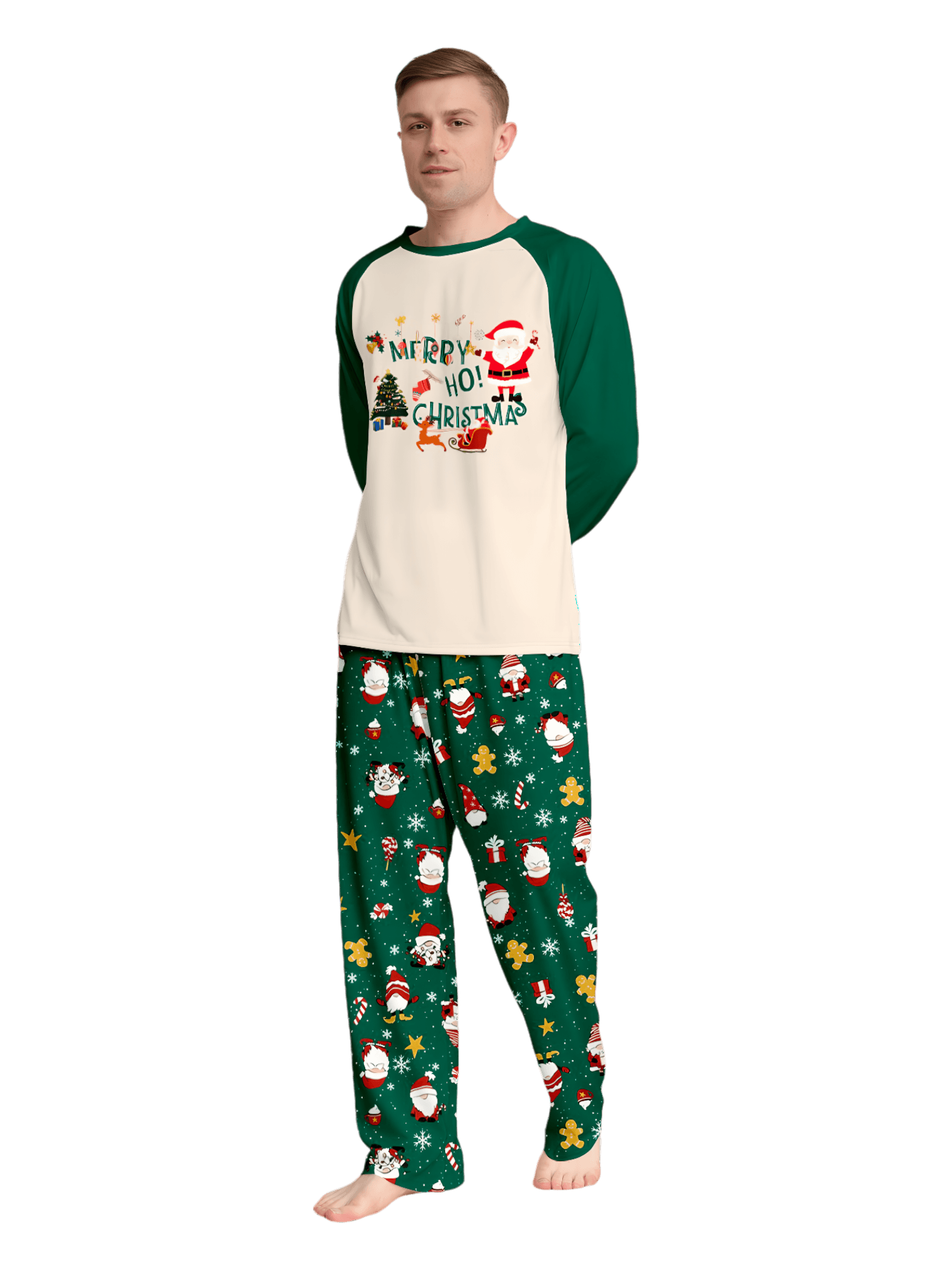 Original pijama navideño verde estrellado con motivos navideños y de Papá Noel