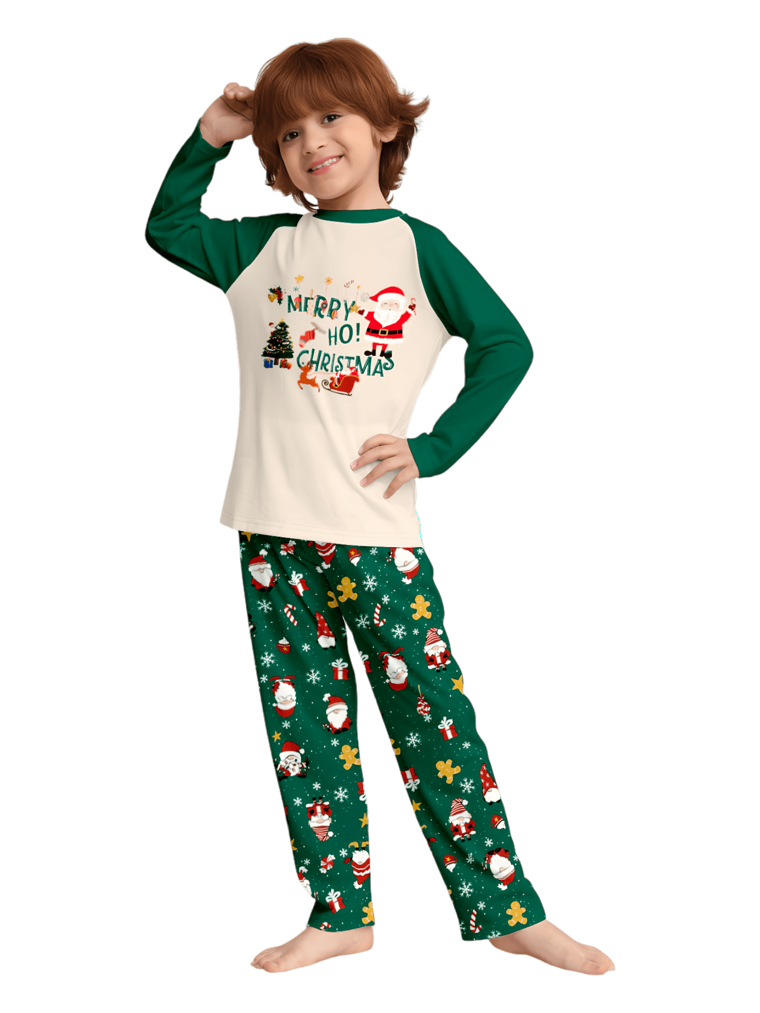 Original pijama navideño verde estrellado con motivos navideños y de Papá Noel