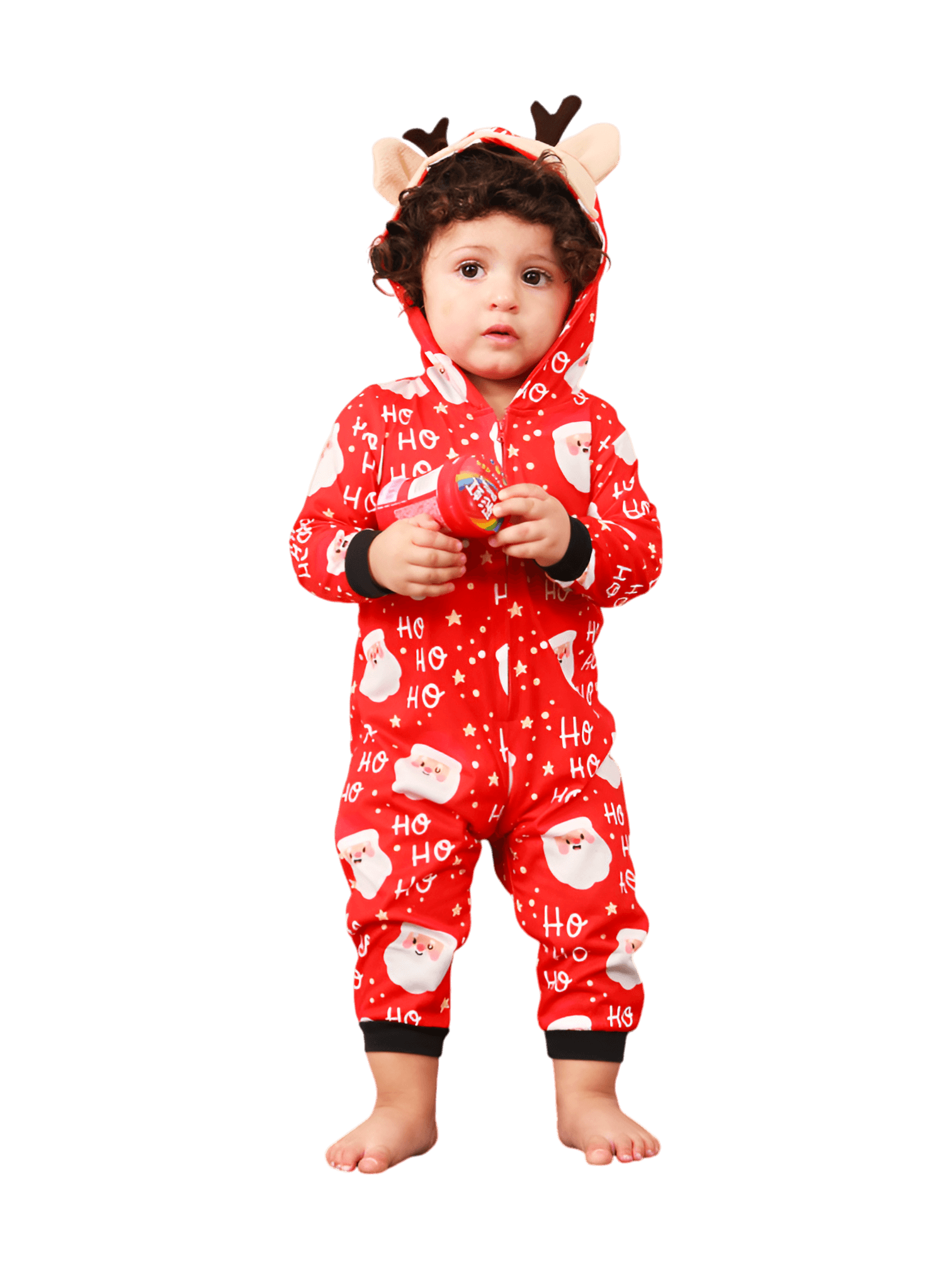Red Santa "Ho Ho Ho" Jumpsuit with Reindeer Hood for all ages