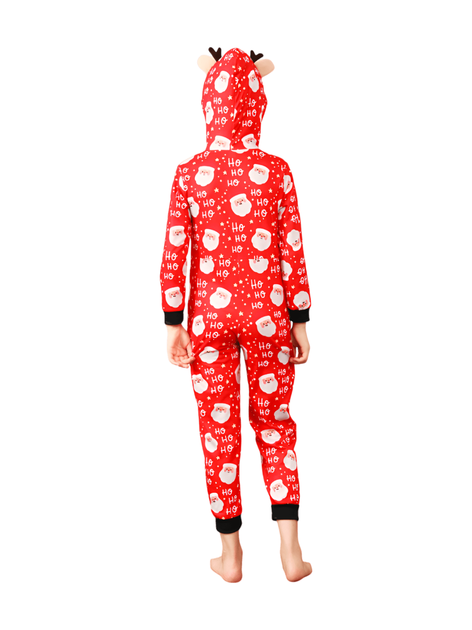 Red Santa "Ho Ho Ho" Jumpsuit with Reindeer Hood for all ages