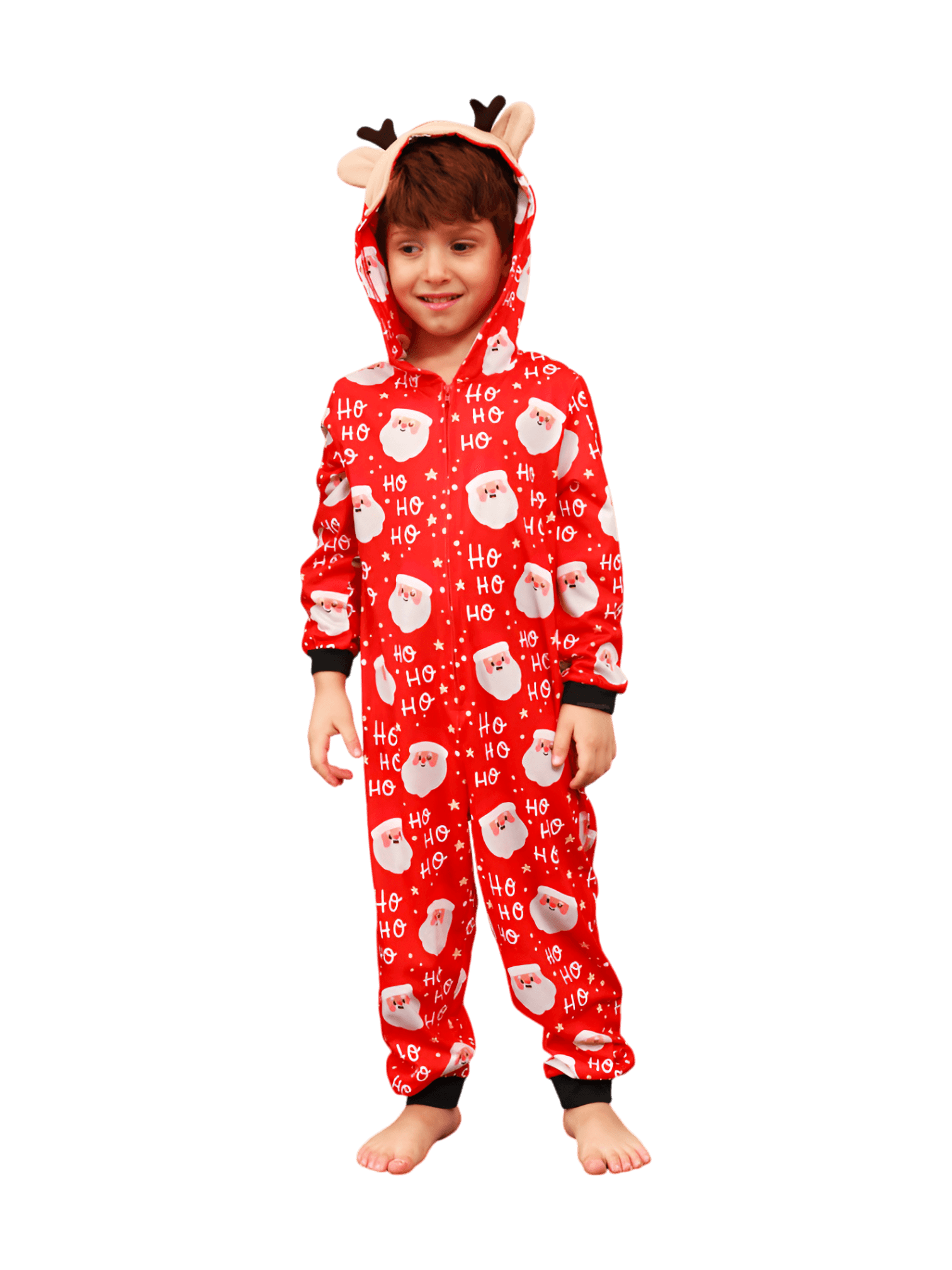 Red Santa "Ho Ho Ho" Jumpsuit with Reindeer Hood for all ages