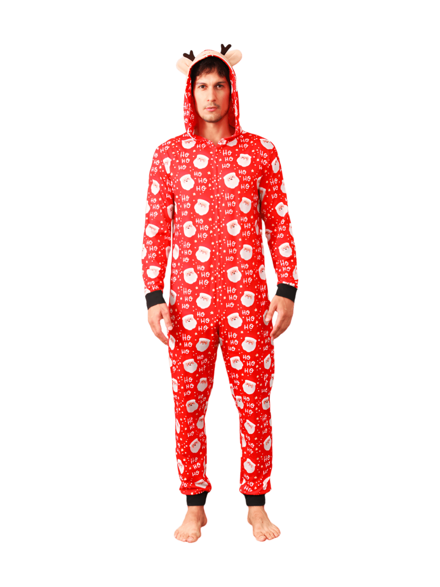 Red Santa "Ho Ho Ho" Jumpsuit with Reindeer Hood for all ages