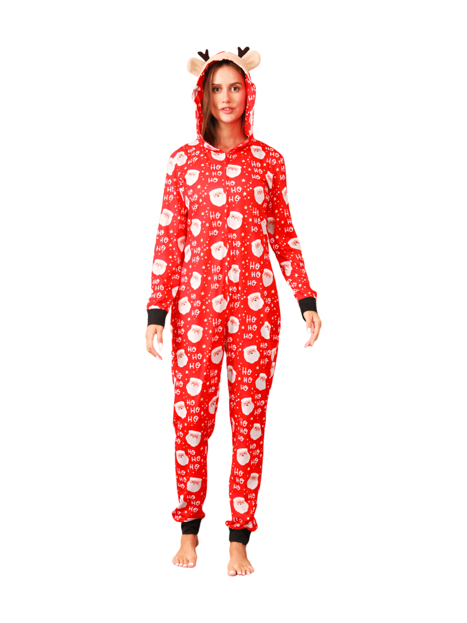 Red Santa "Ho Ho Ho" Jumpsuit with Reindeer Hood for all ages