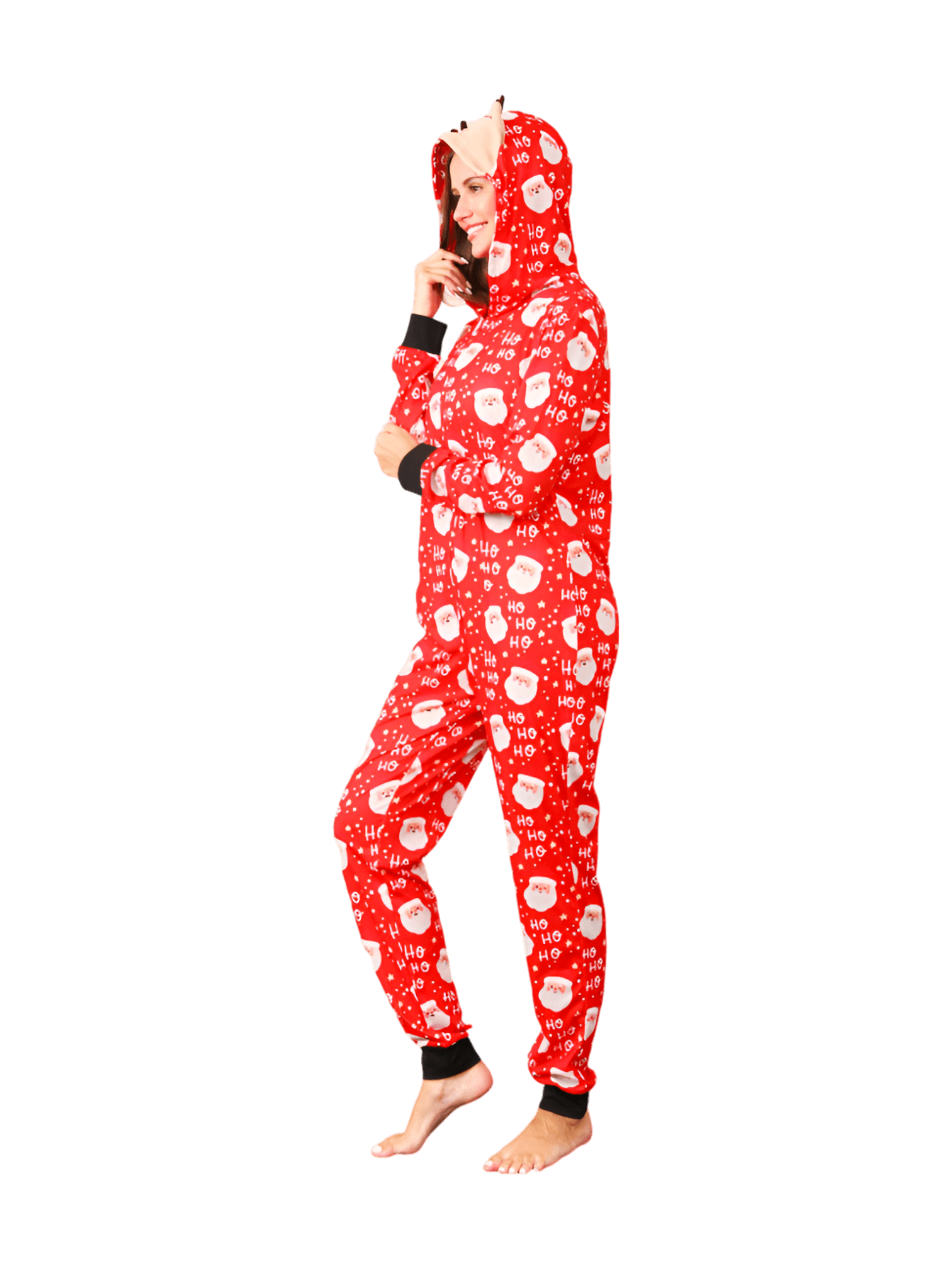 Red Santa "Ho Ho Ho" Jumpsuit with Reindeer Hood for all ages