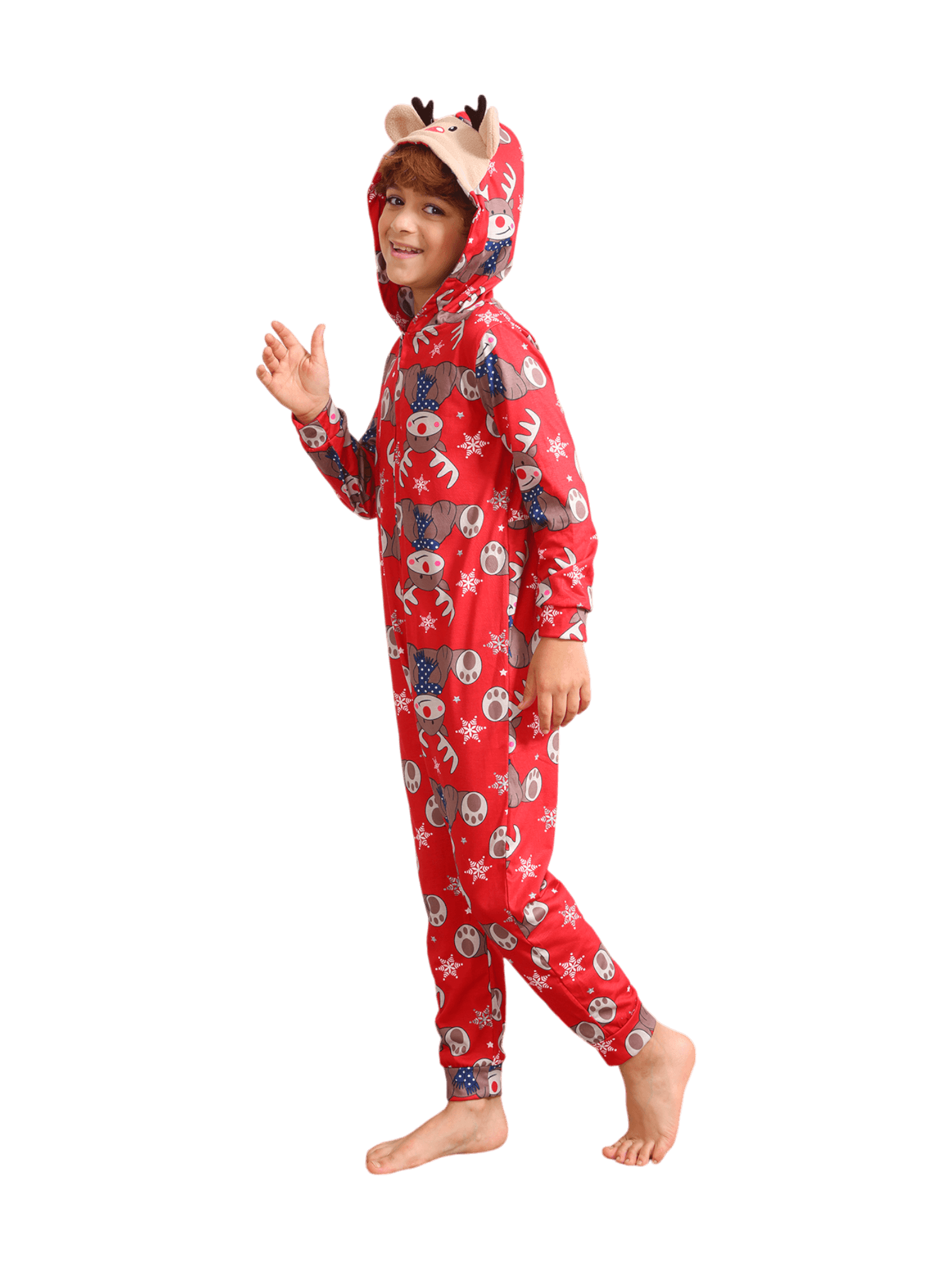 Red Reindeer Hood Jumpsuit, reindeer blue-scarf design