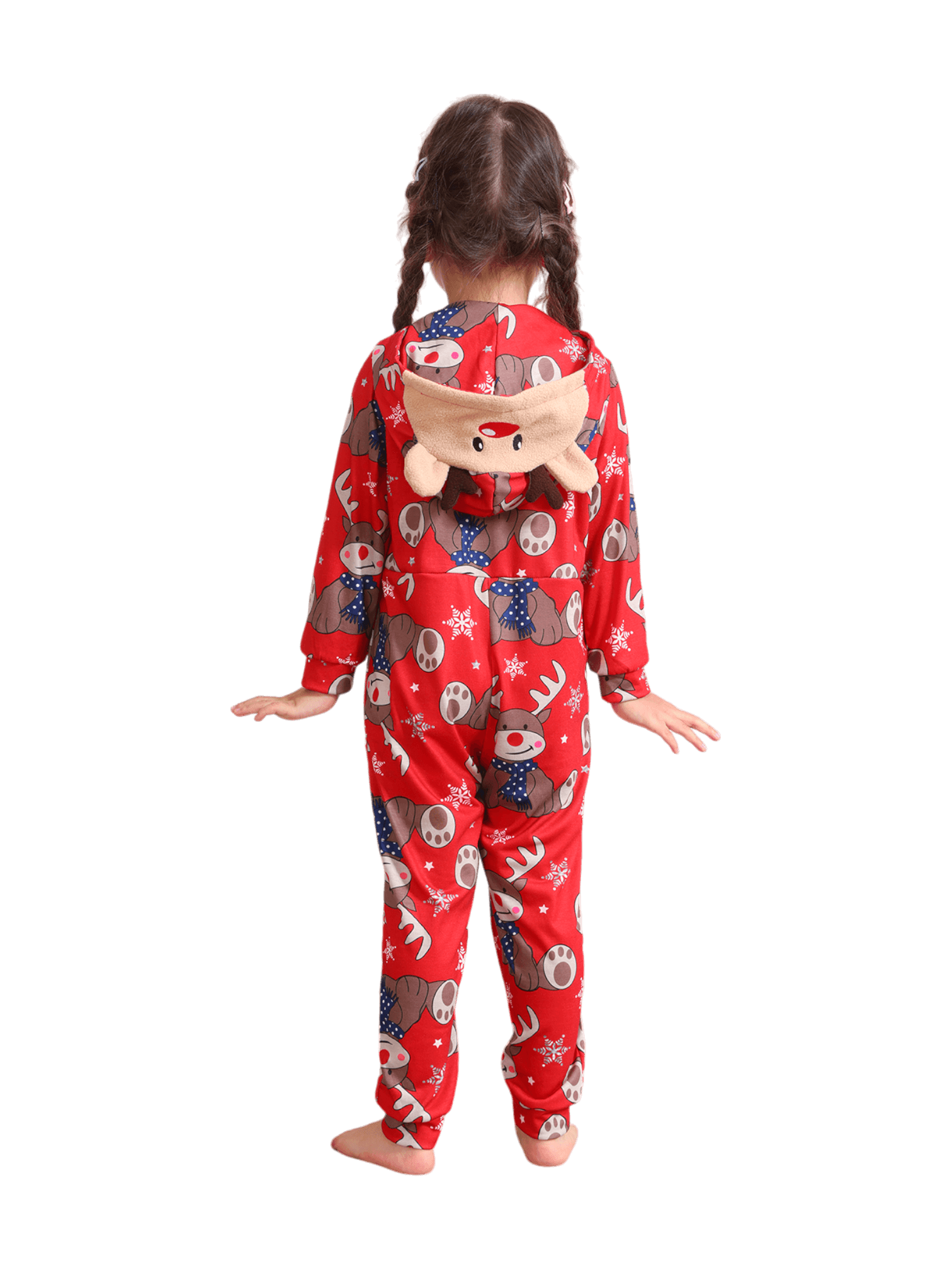Red Reindeer Hood Jumpsuit, reindeer blue-scarf design