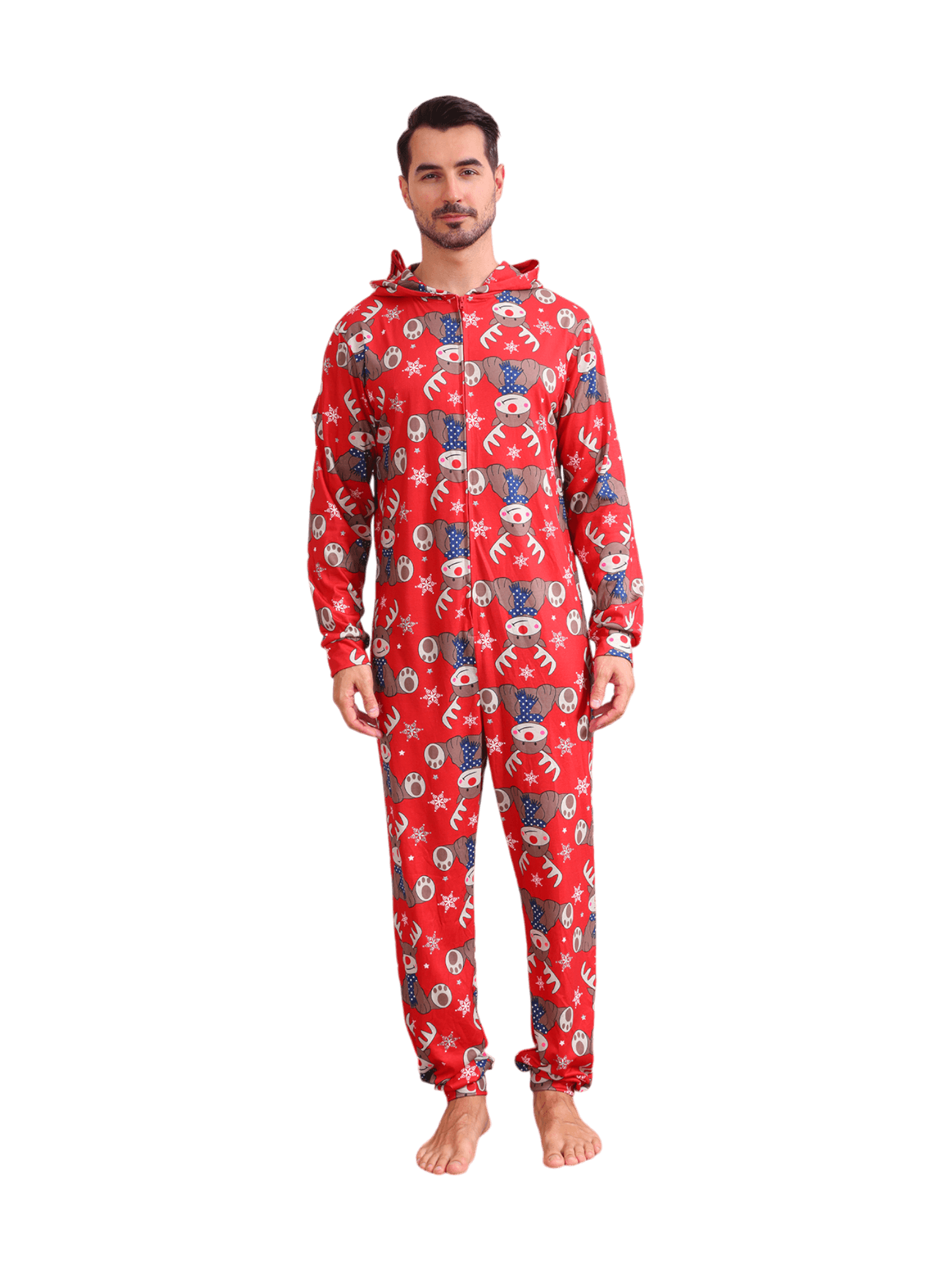 Red Reindeer Hood Jumpsuit, reindeer blue-scarf design