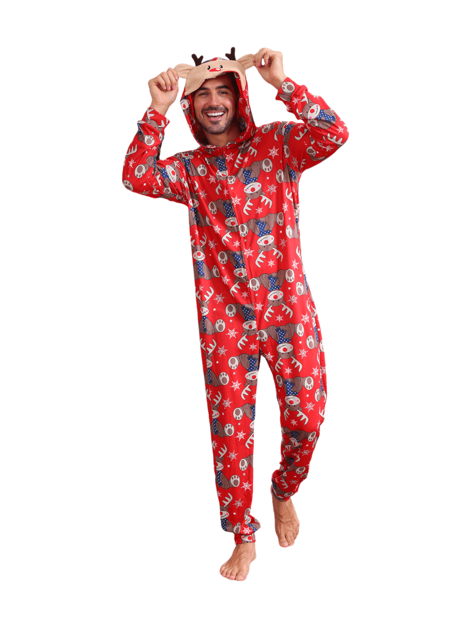 Red Reindeer Hood Jumpsuit, reindeer blue-scarf design