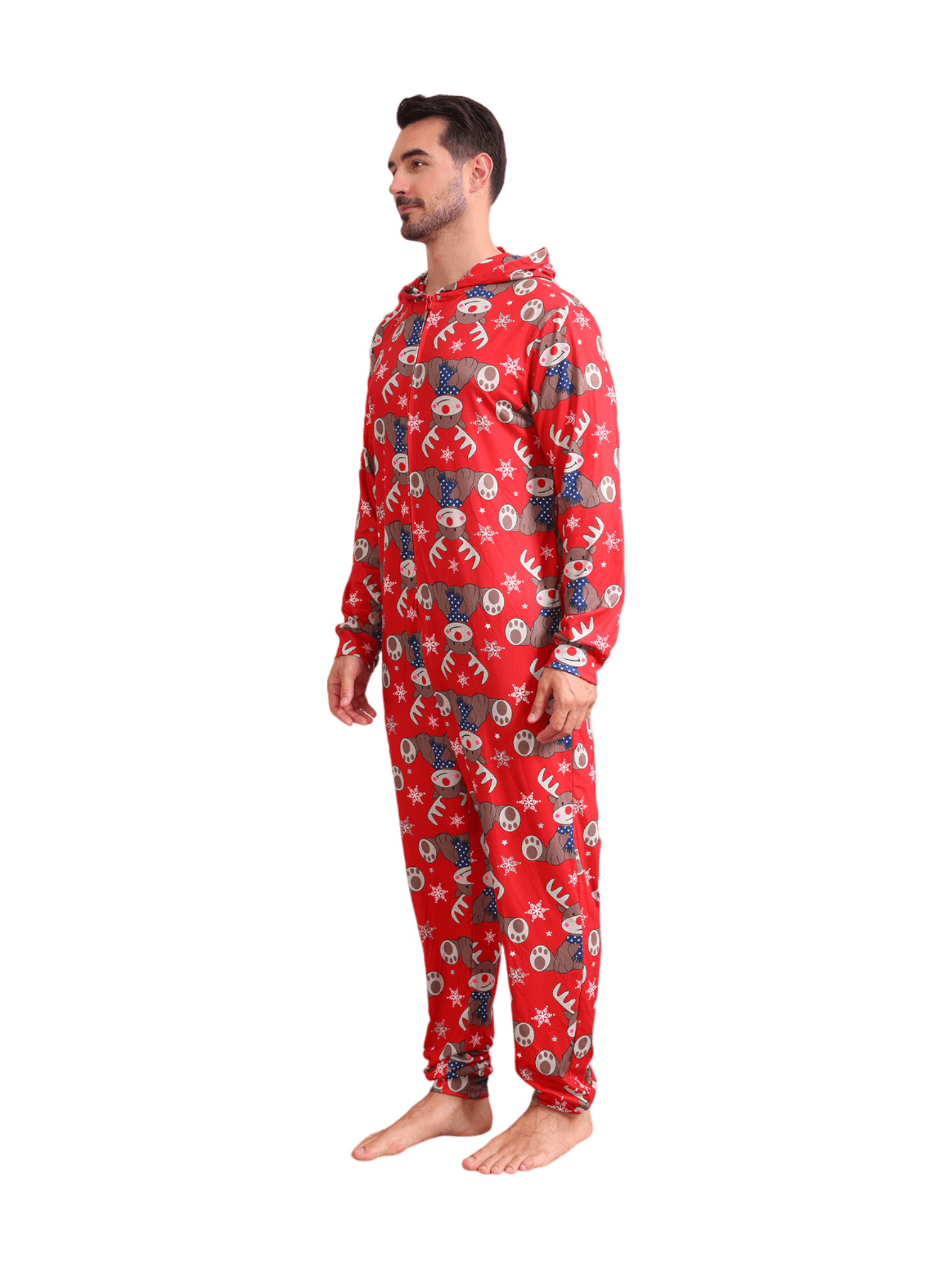 Red Reindeer Hood Jumpsuit, reindeer blue-scarf design