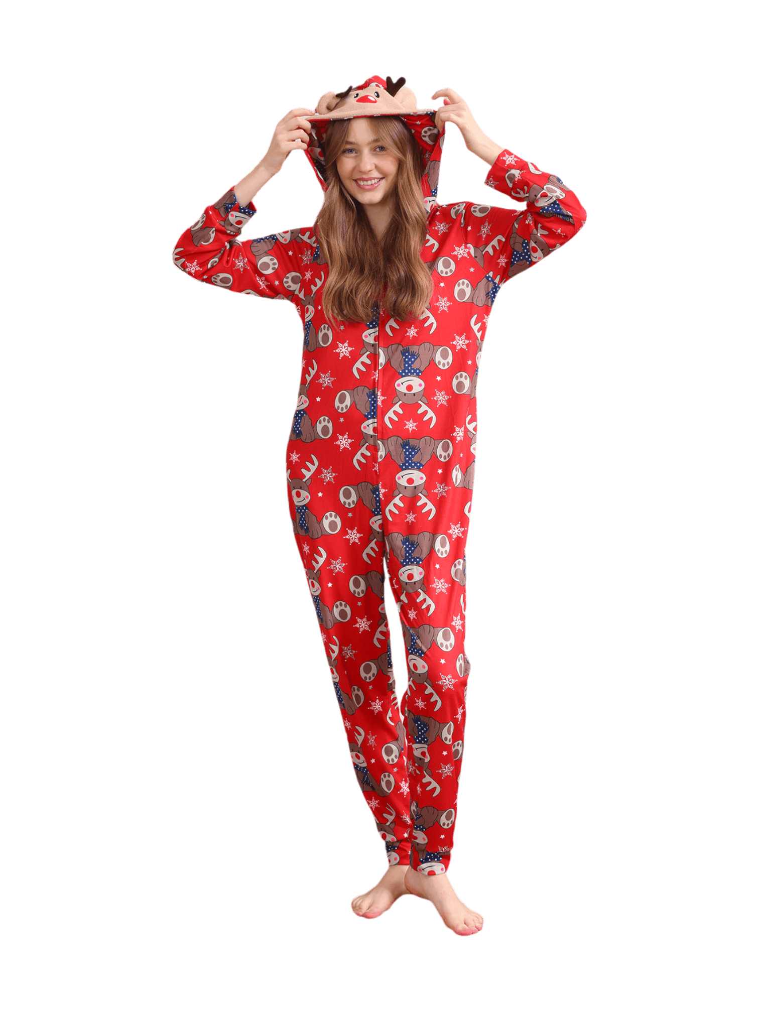 Red Reindeer Hood Jumpsuit, reindeer blue-scarf design