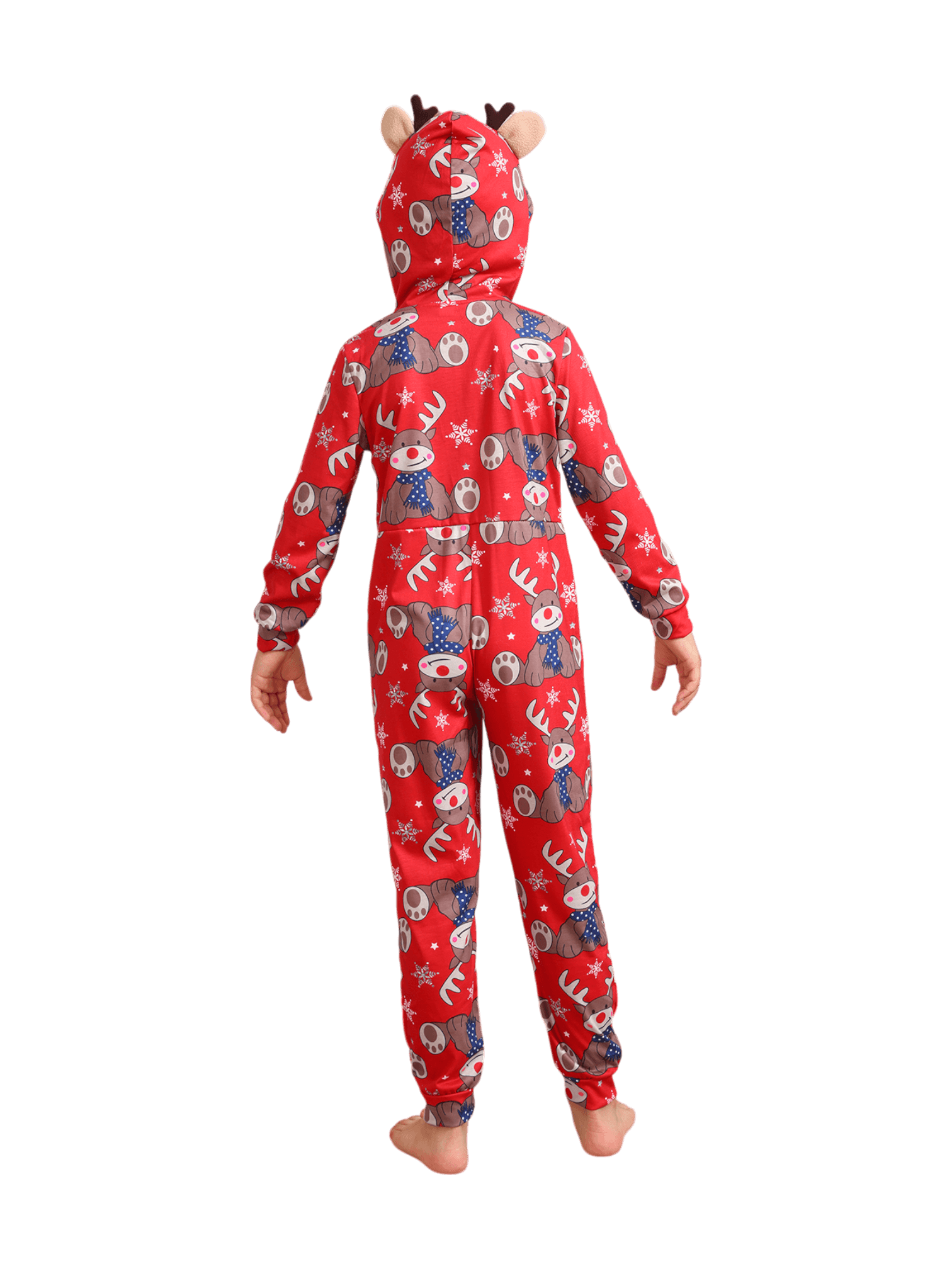 Red Reindeer Hood Jumpsuit, reindeer blue-scarf design
