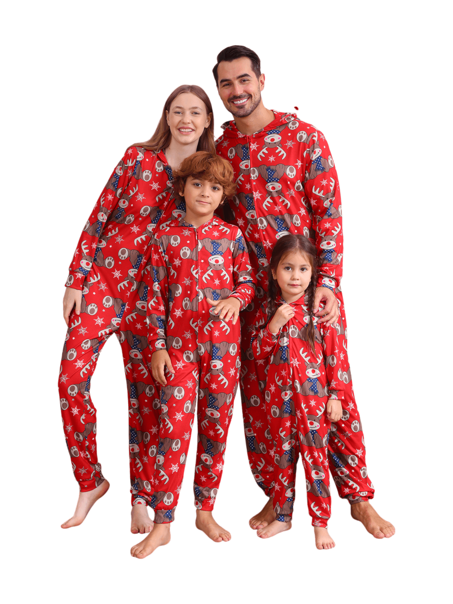 Red Reindeer Hood Jumpsuit, reindeer blue-scarf design