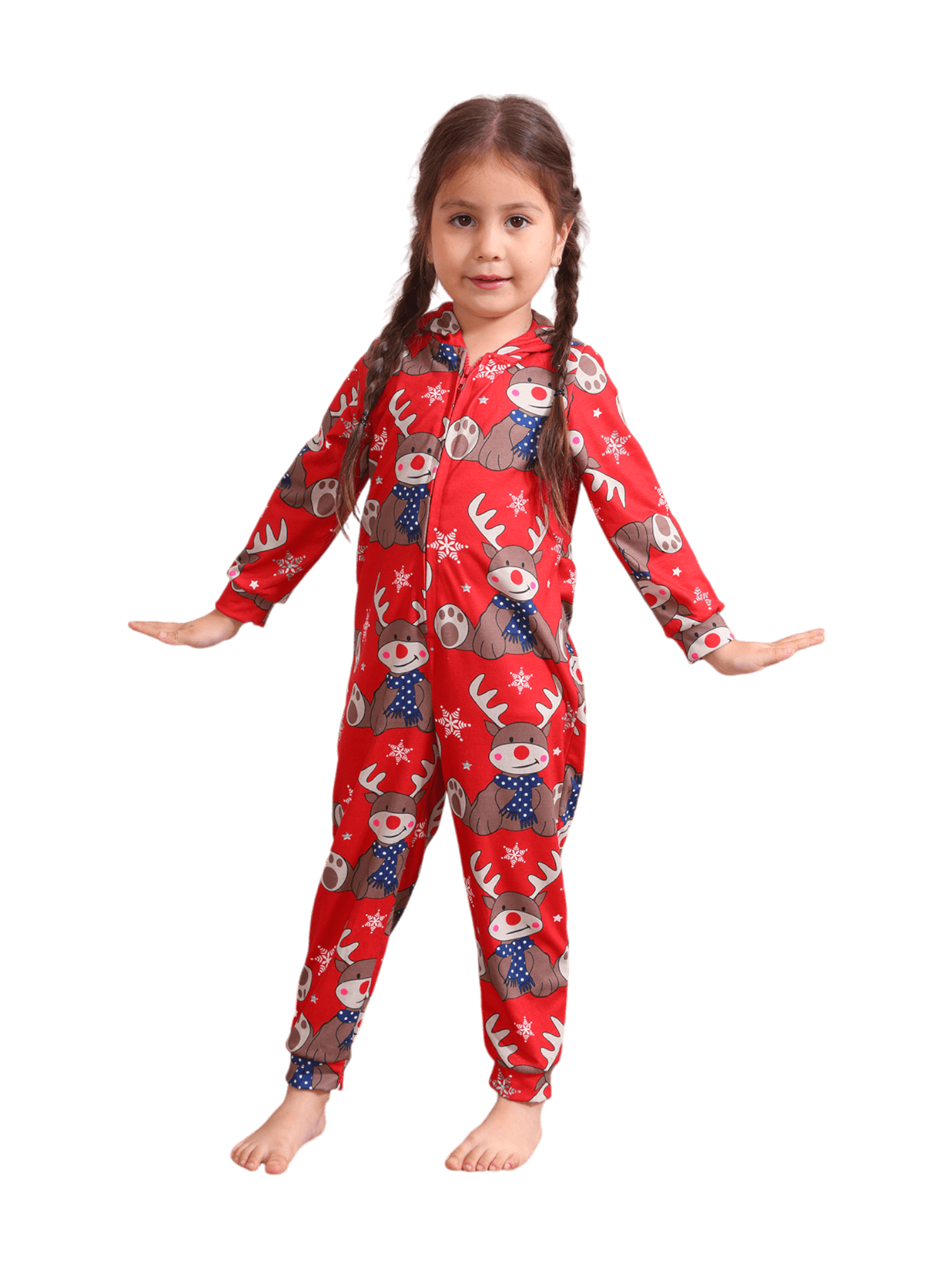 Red Reindeer Hood Jumpsuit, reindeer blue-scarf design