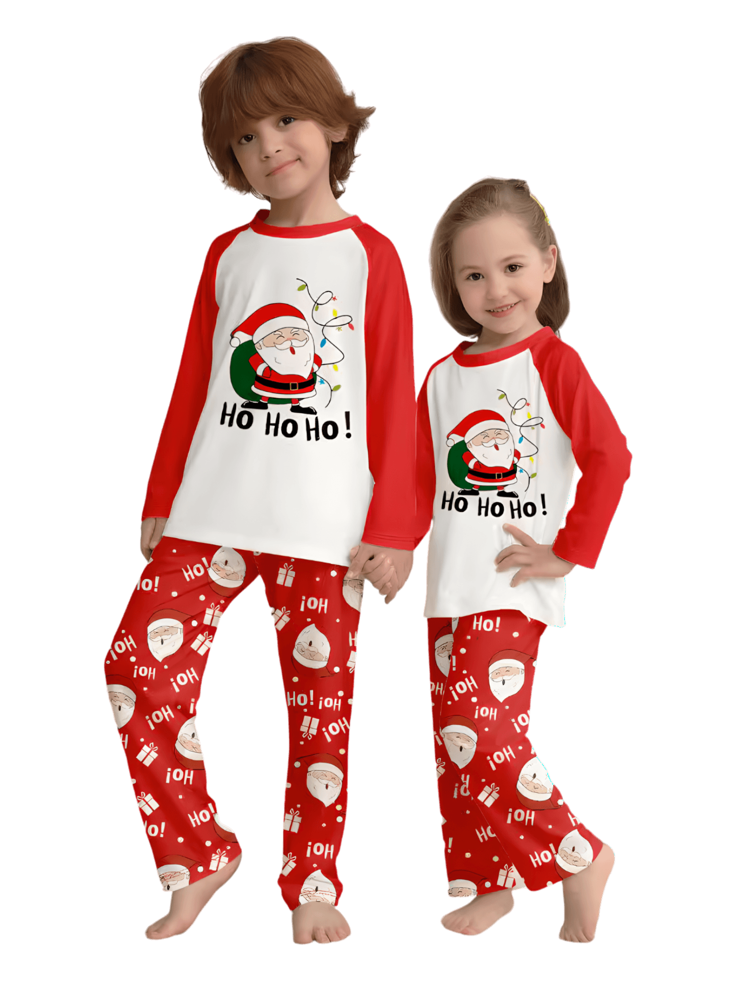 Babbo Natale con un sacco di Natale pieno, pigiama rosso per tutta la famiglia