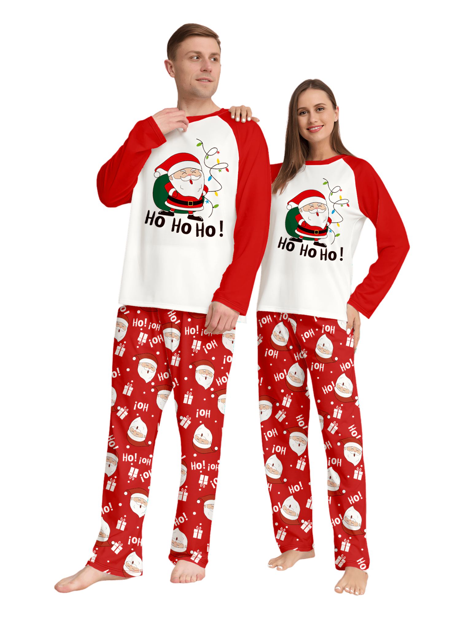Babbo Natale con un sacco di Natale pieno, pigiama rosso per tutta la famiglia