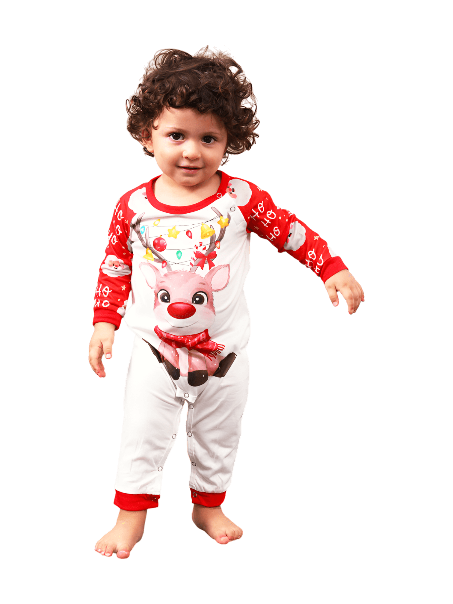 Santa's head pattern and little reindeer with a red nose tangled in a garland