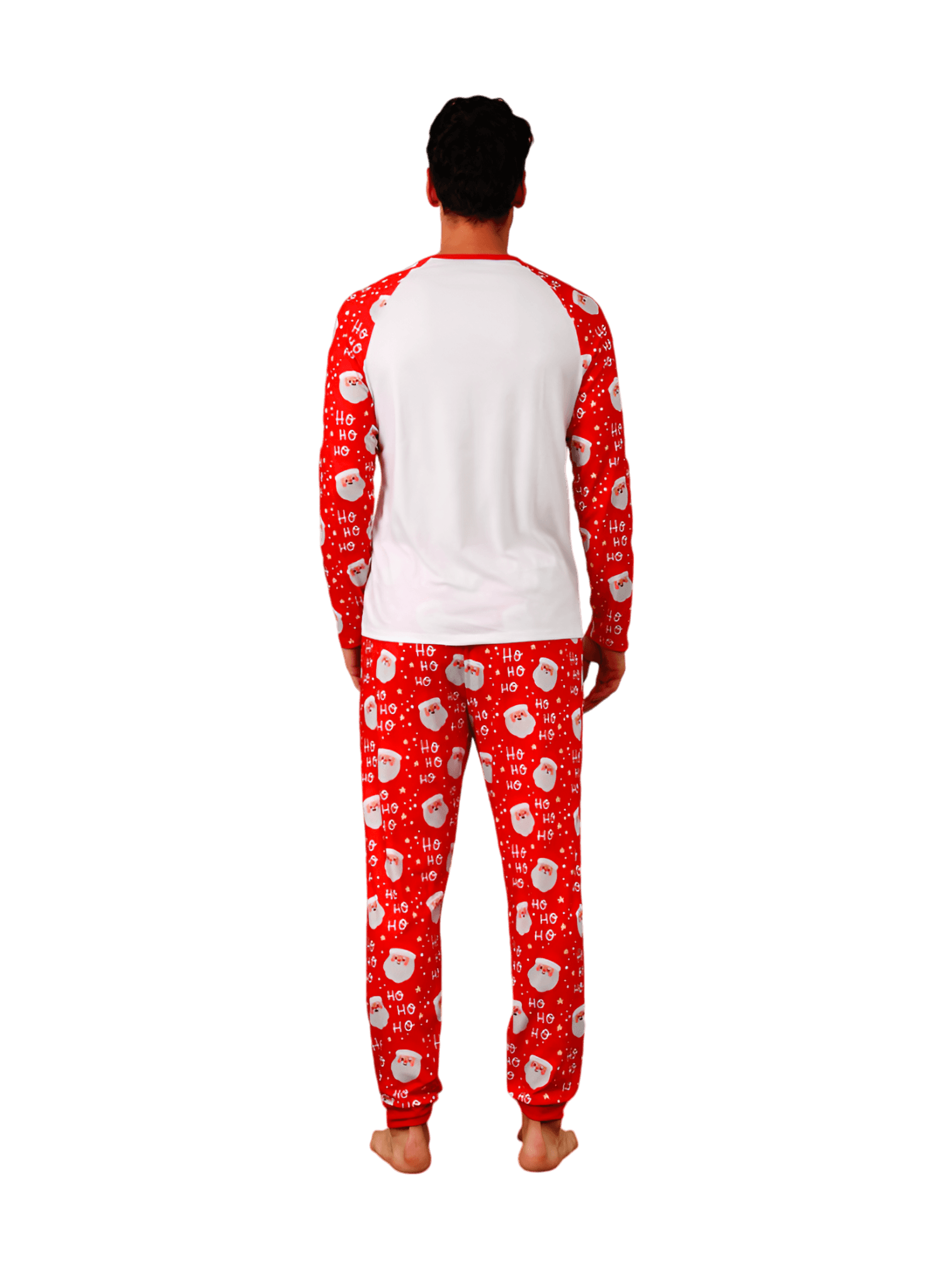 Santa's head pattern and little reindeer with a red nose tangled in a garland