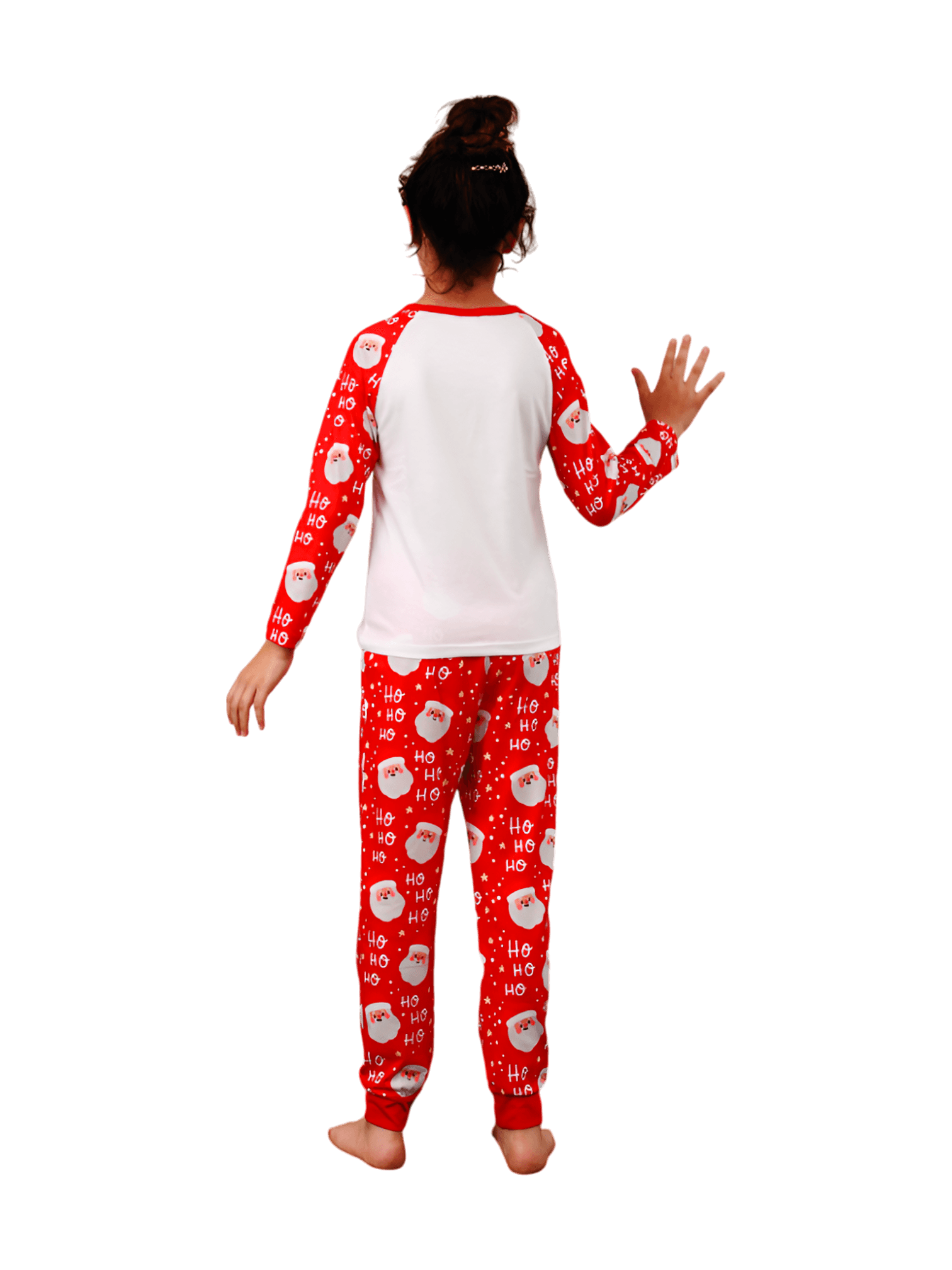 Santa's head pattern and little reindeer with a red nose tangled in a garland