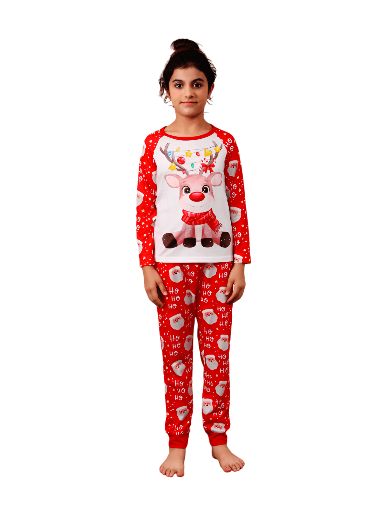 Santa's head pattern and little reindeer with a red nose tangled in a garland