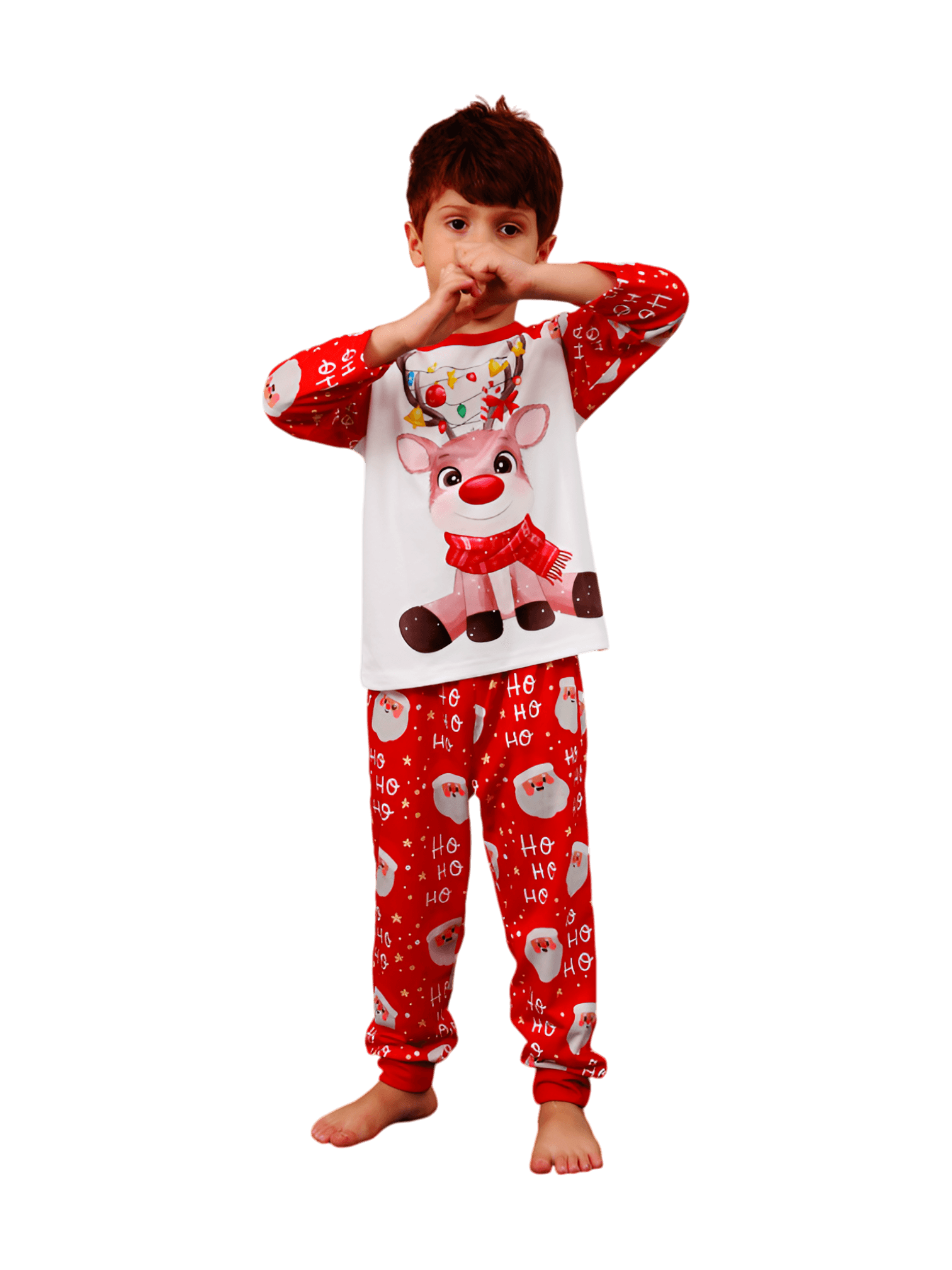 Santa's head pattern and little reindeer with a red nose tangled in a garland
