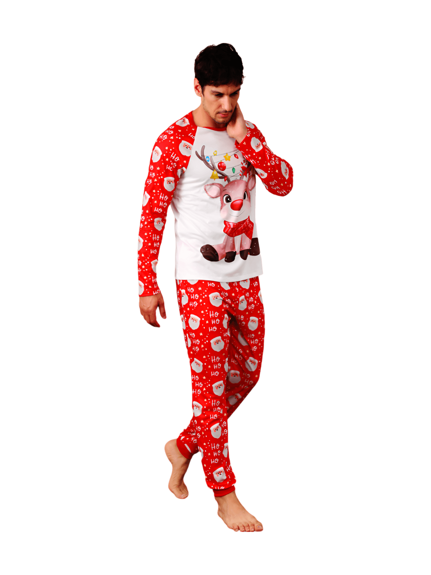 Santa's head pattern and little reindeer with a red nose tangled in a garland