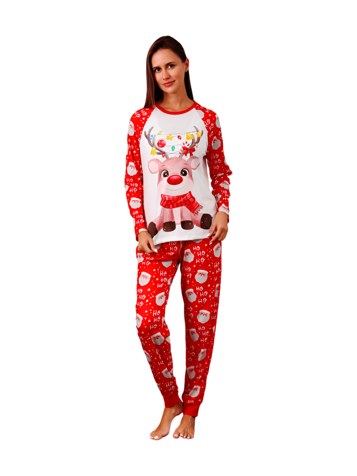 Santa's head pattern and little reindeer with a red nose tangled in a garland