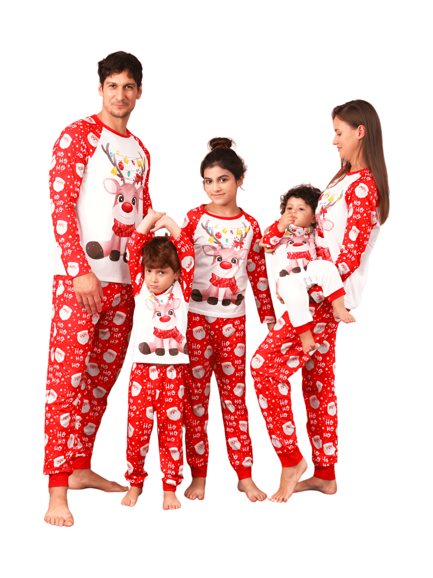 Santa's head pattern and little reindeer with a red nose tangled in a garland