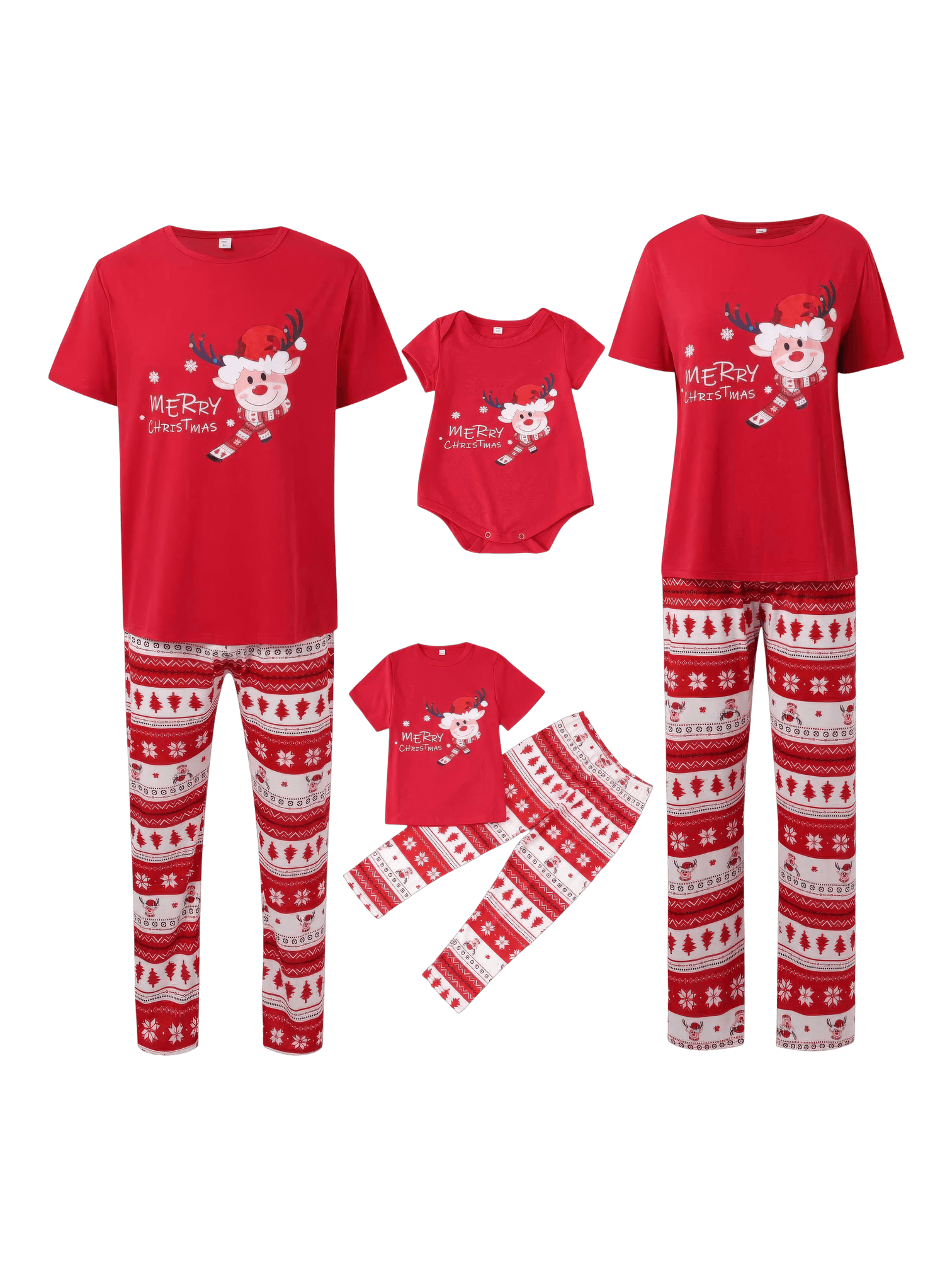 Small reindeer with Merry Christmas print red family pajamas with patterns