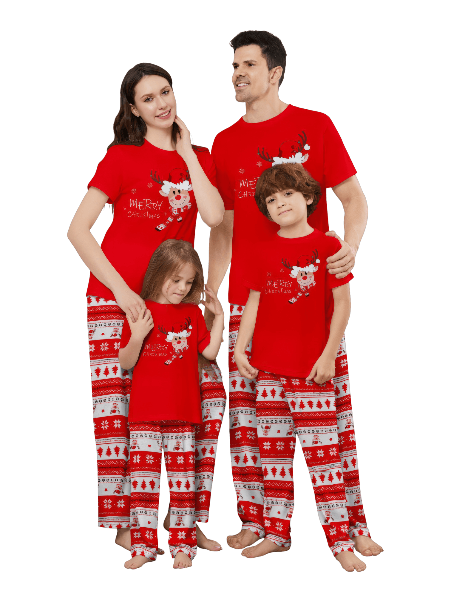 Small reindeer with Merry Christmas print red family pajamas with patterns