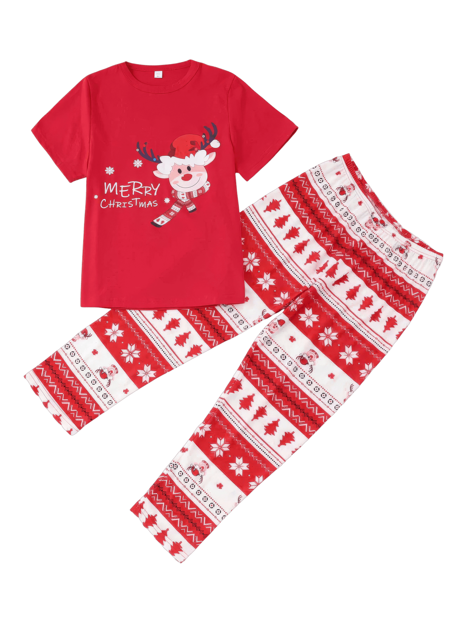 Small reindeer with Merry Christmas print red family pajamas with patterns