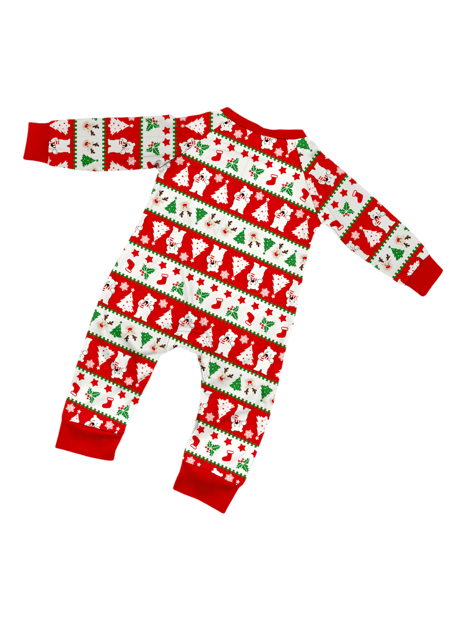 Smiling reindeer and his polar bear friend, dressed for winter matching family pajama