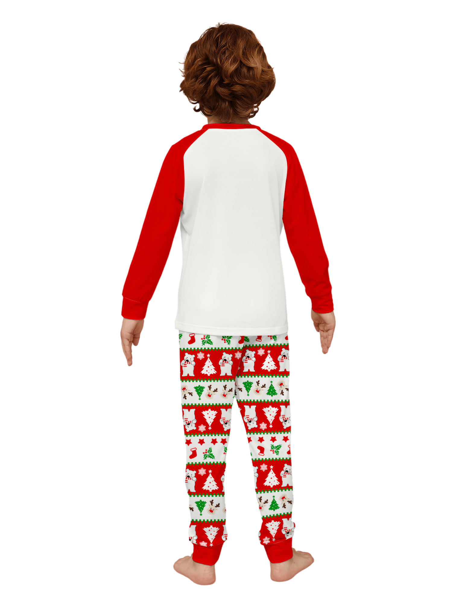 Smiling reindeer and his polar bear friend, dressed for winter matching family pajama