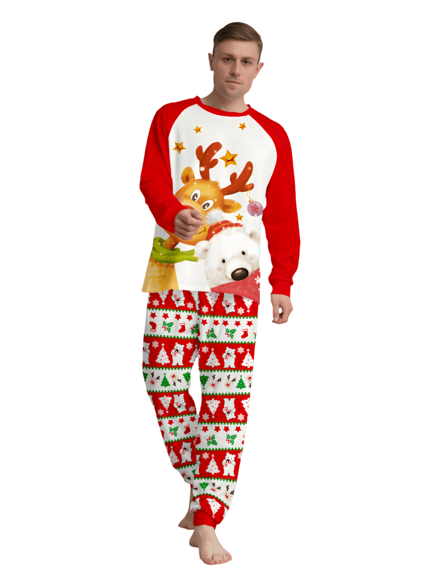 Smiling reindeer and his polar bear friend, dressed for winter matching family pajama