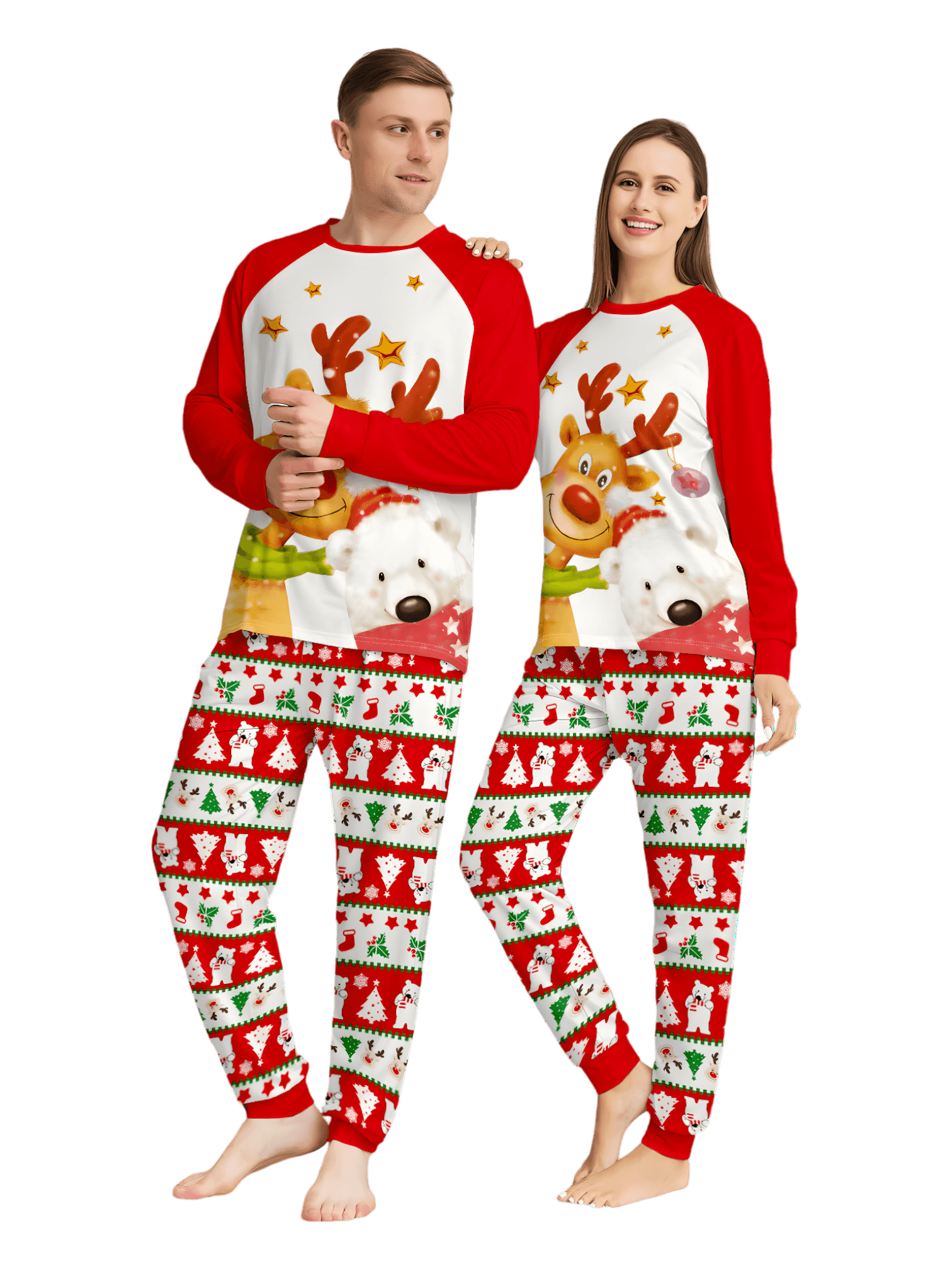 Smiling reindeer and his polar bear friend, dressed for winter matching family pajama
