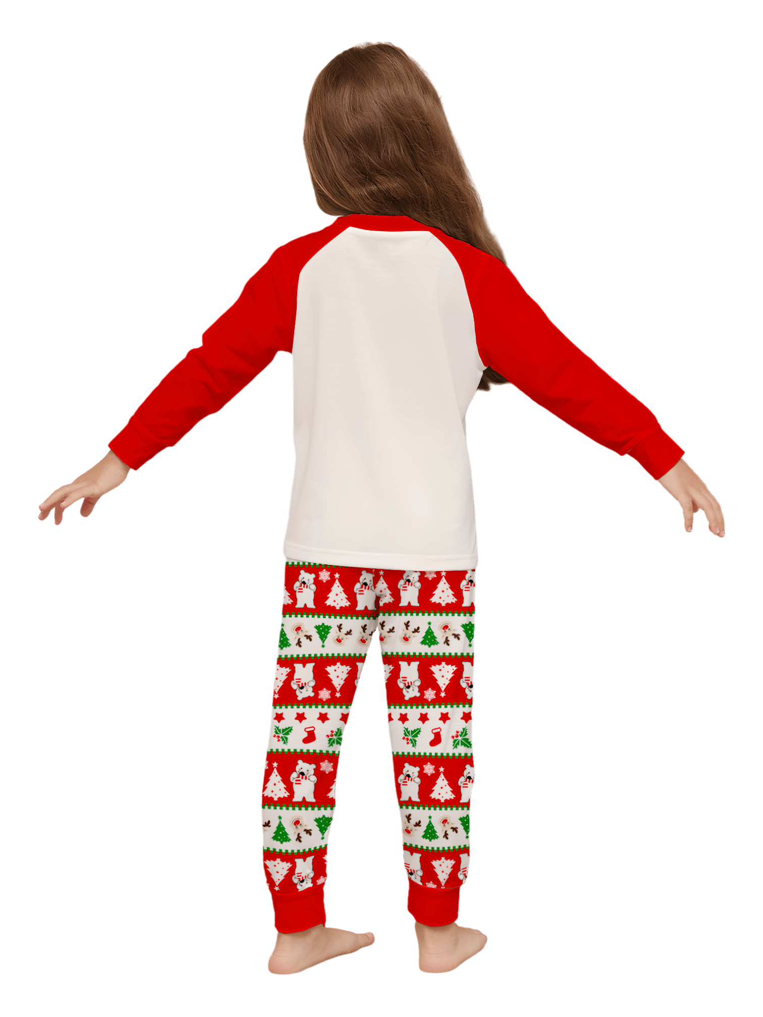 Smiling reindeer and his polar bear friend, dressed for winter matching family pajama