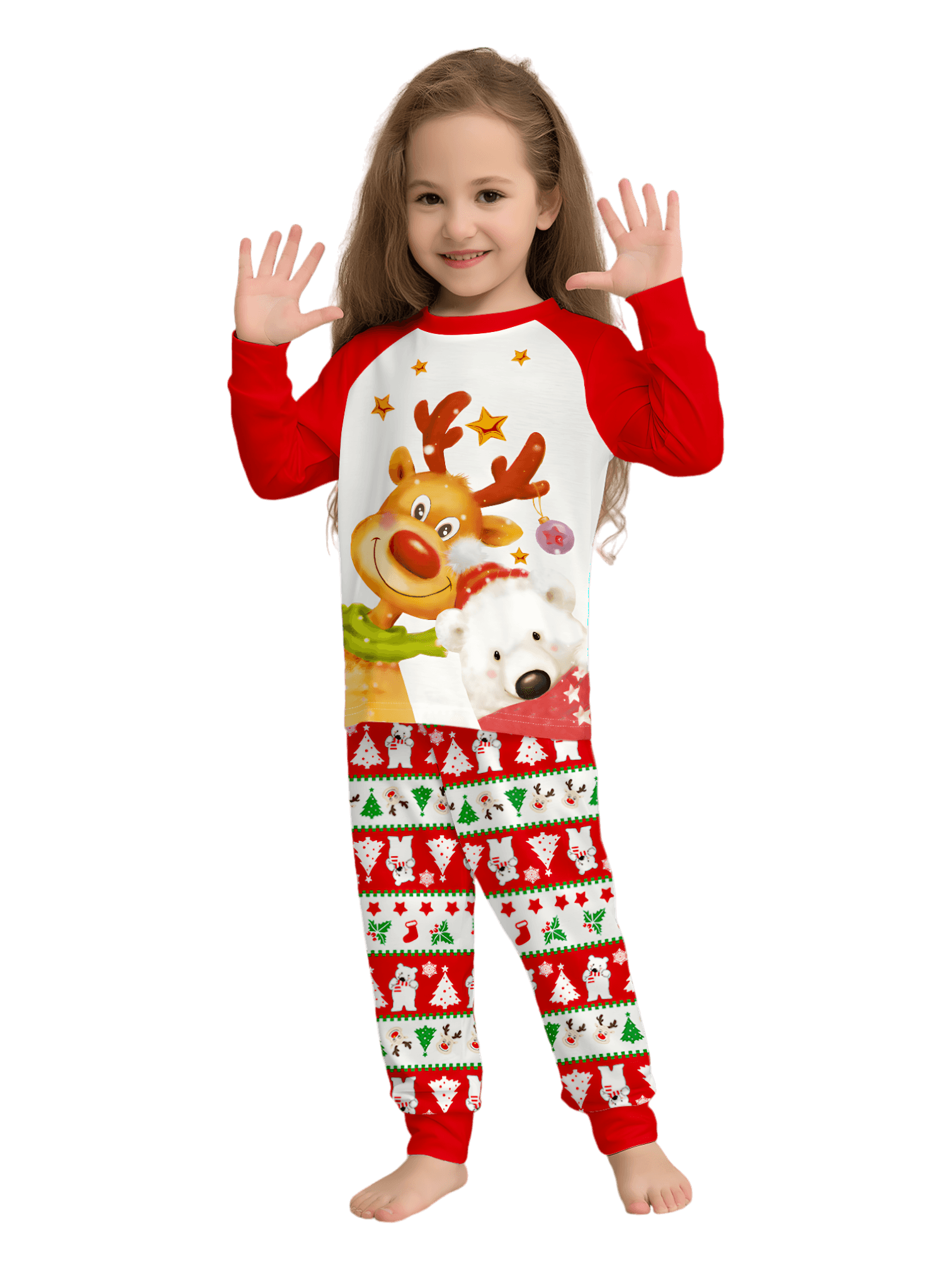 Smiling reindeer and his polar bear friend, dressed for winter matching family pajama