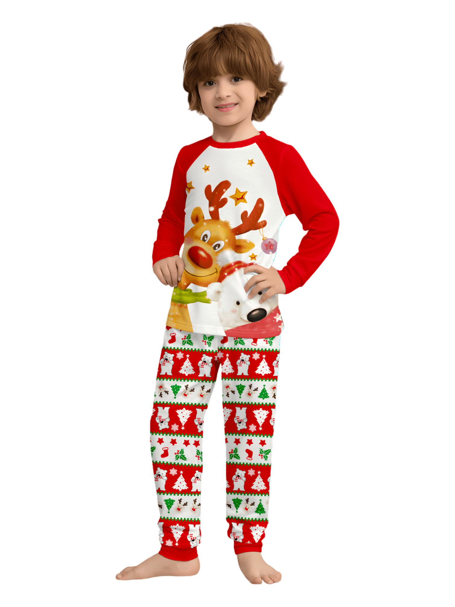 Smiling reindeer and his polar bear friend, dressed for winter matching family pajama