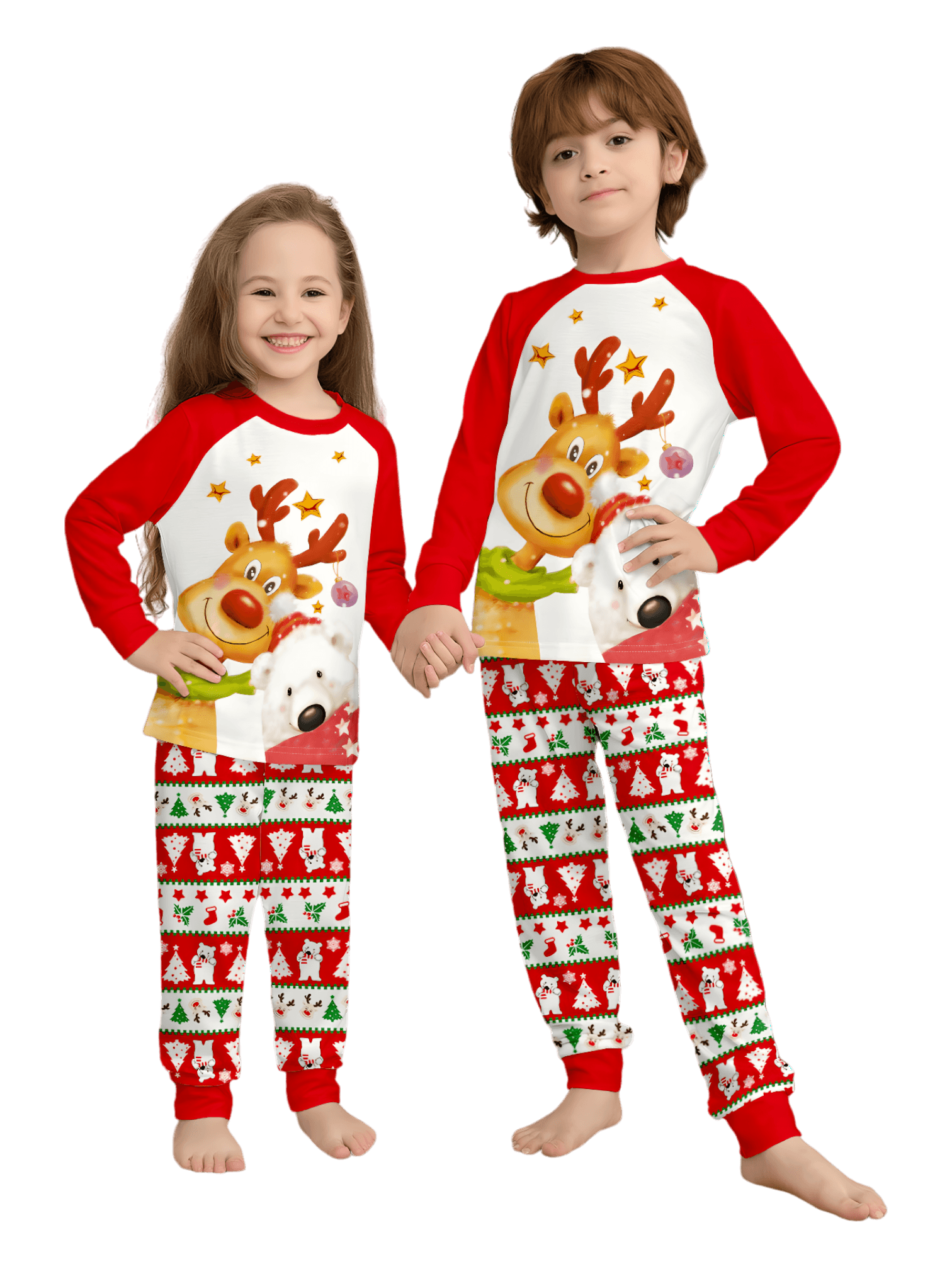 Smiling reindeer and his polar bear friend, dressed for winter matching family pajama