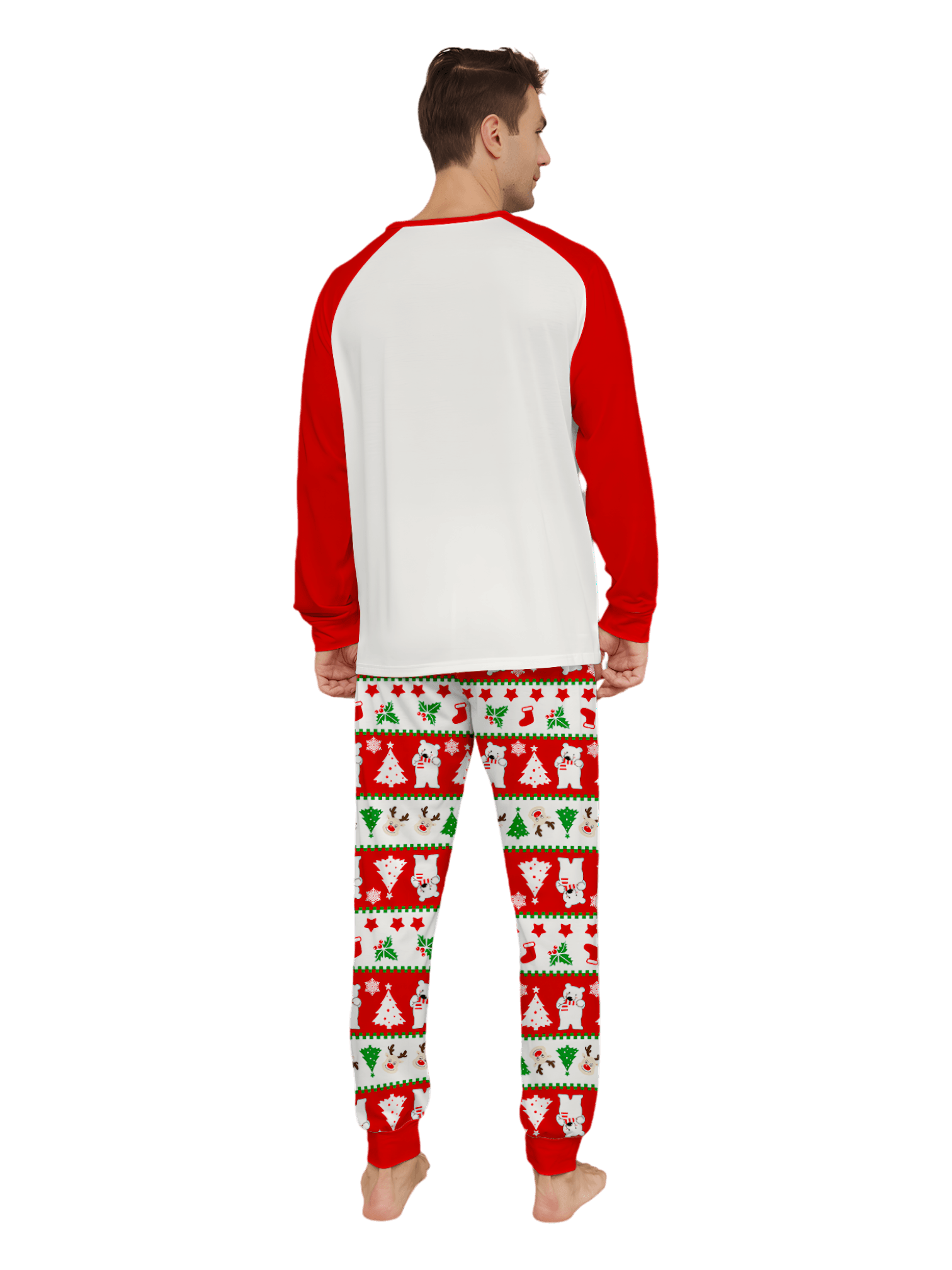 Smiling reindeer and his polar bear friend, dressed for winter matching family pajama