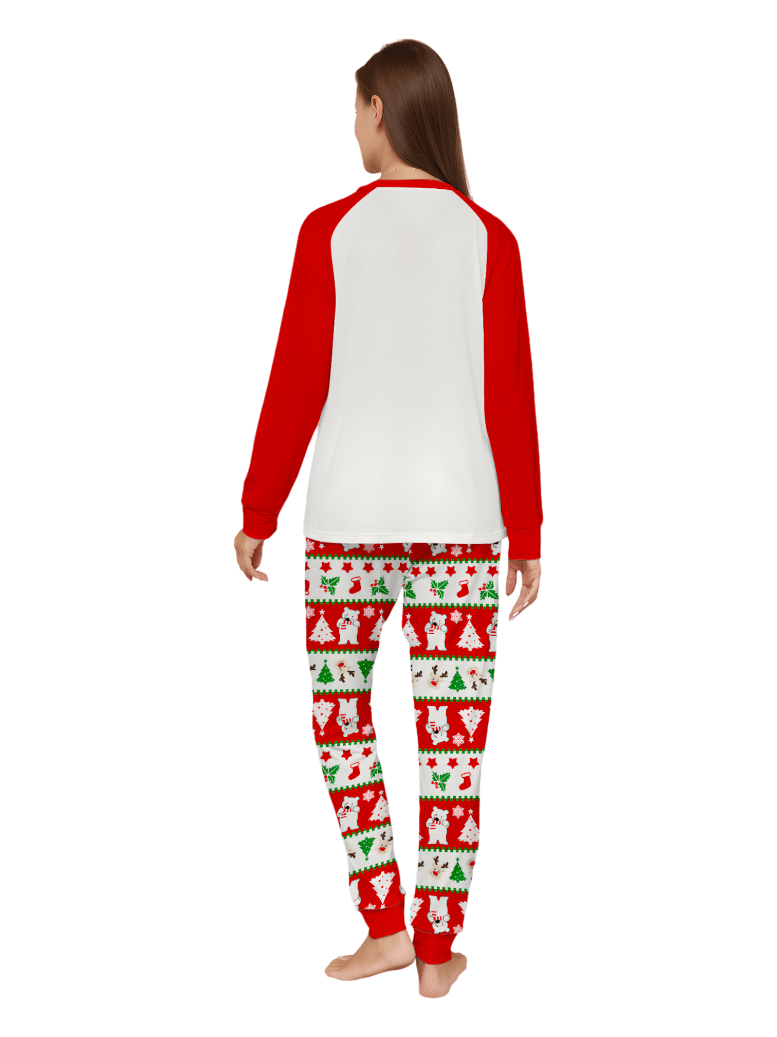 Smiling reindeer and his polar bear friend, dressed for winter matching family pajama