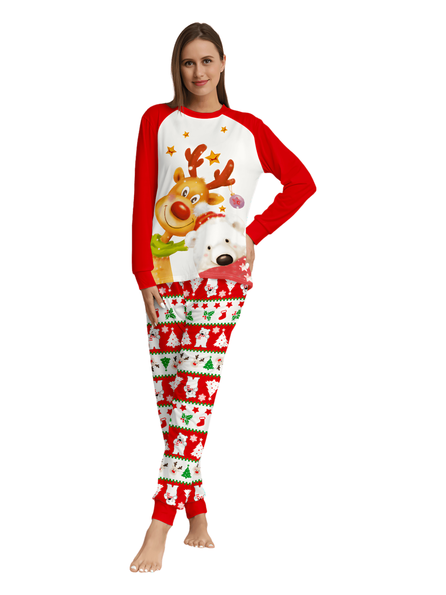Smiling reindeer and his polar bear friend, dressed for winter matching family pajama