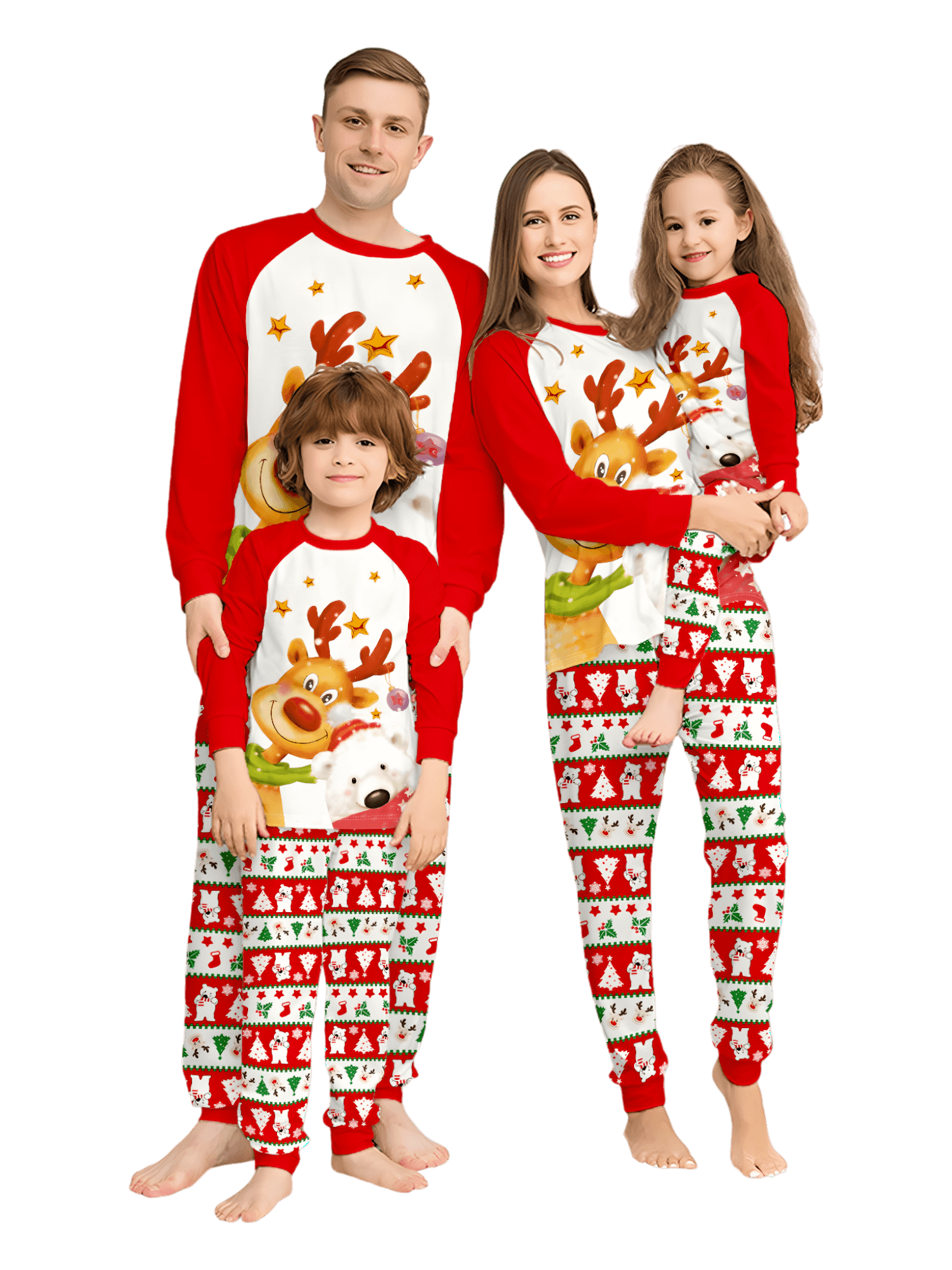 Smiling reindeer and his polar bear friend, dressed for winter matching family pajama