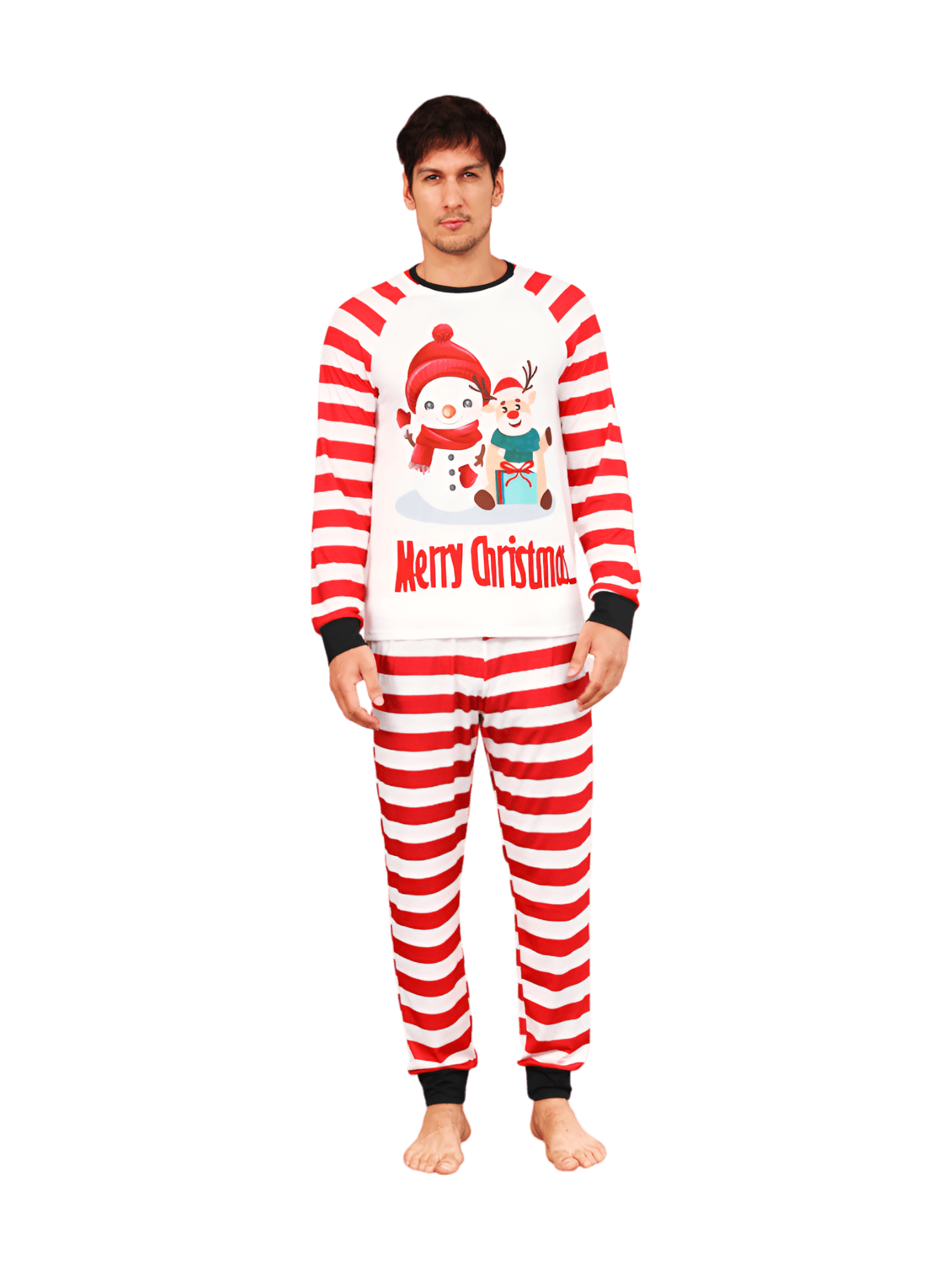 Schneemann und sein fröhlicher Rentierfreund, rot gestreifter Familienpyjama