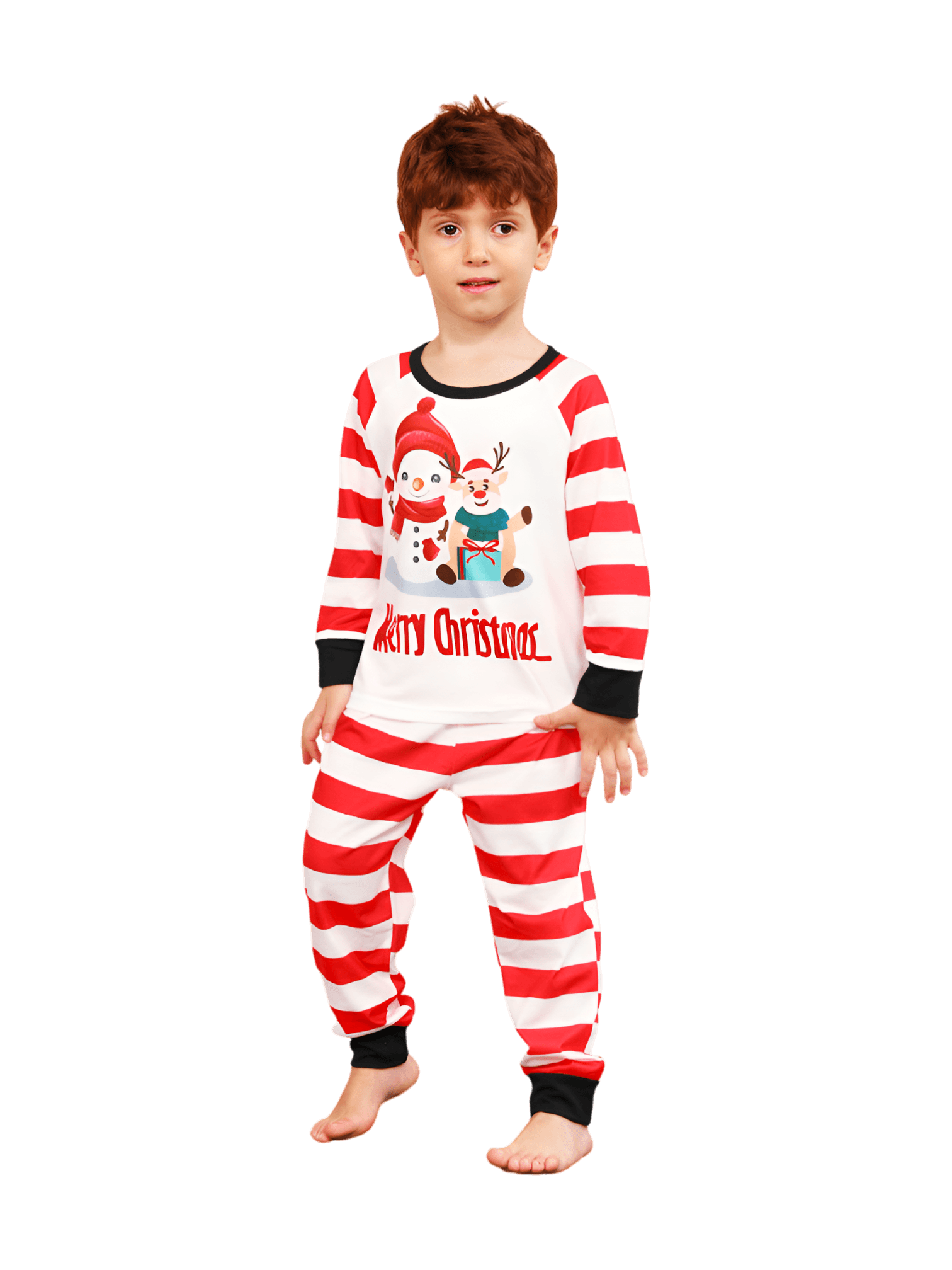 Schneemann und sein fröhlicher Rentierfreund, rot gestreifter Familienpyjama