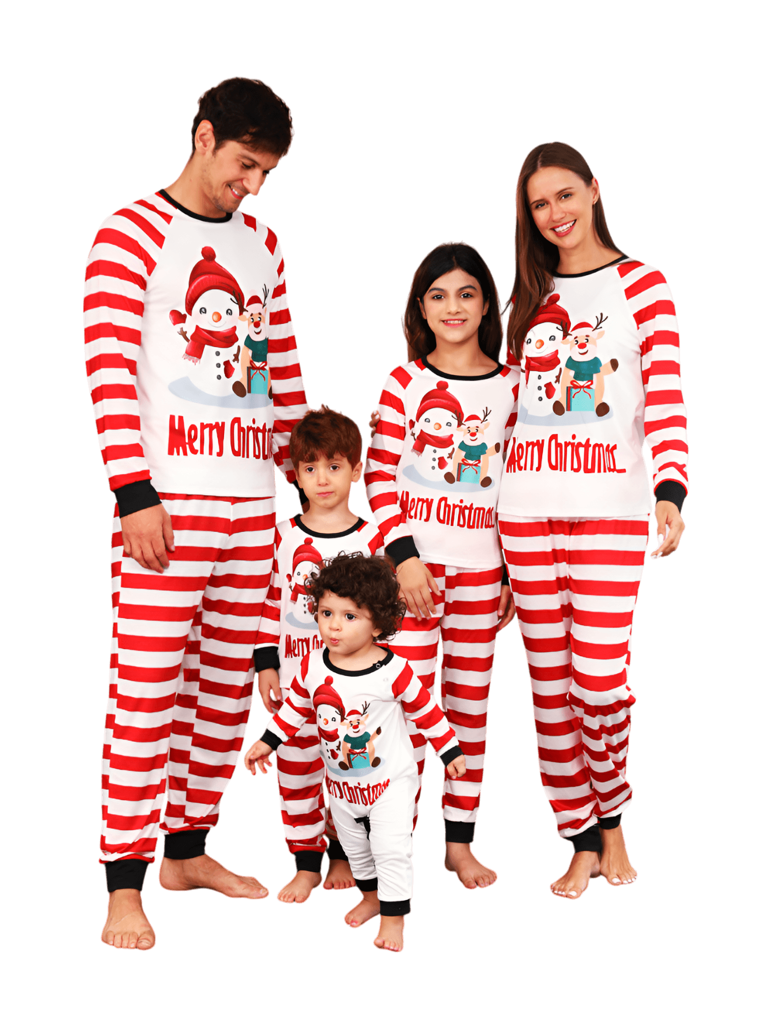 Schneemann und sein fröhlicher Rentierfreund, rot gestreifter Familienpyjama