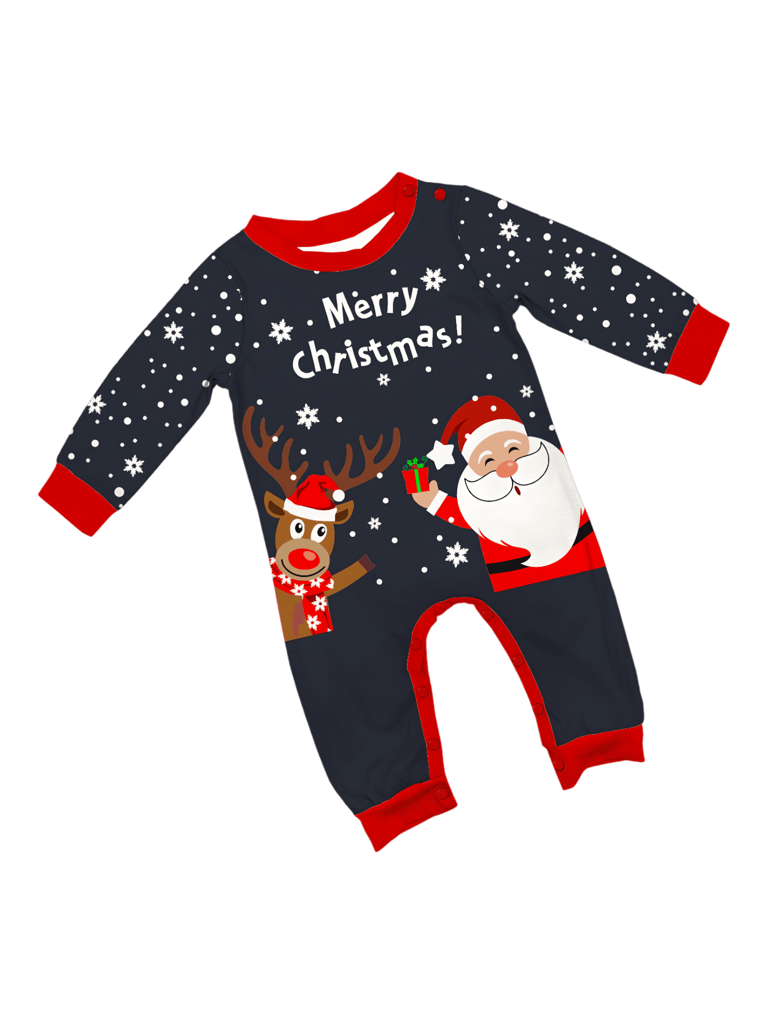 Verschneite Pyjamas, der Weihnachtsmann beschenkt sein kleines Rentier
