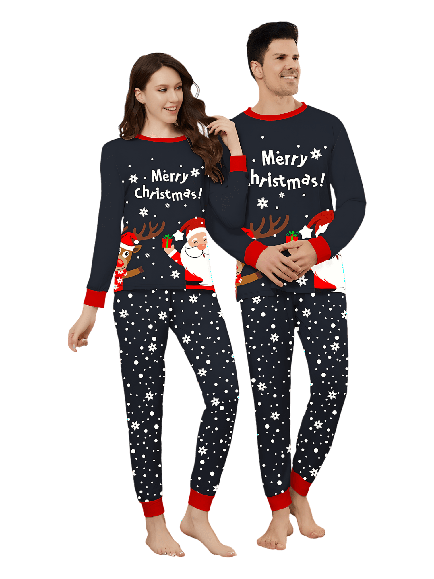 Verschneite Pyjamas, der Weihnachtsmann beschenkt sein kleines Rentier