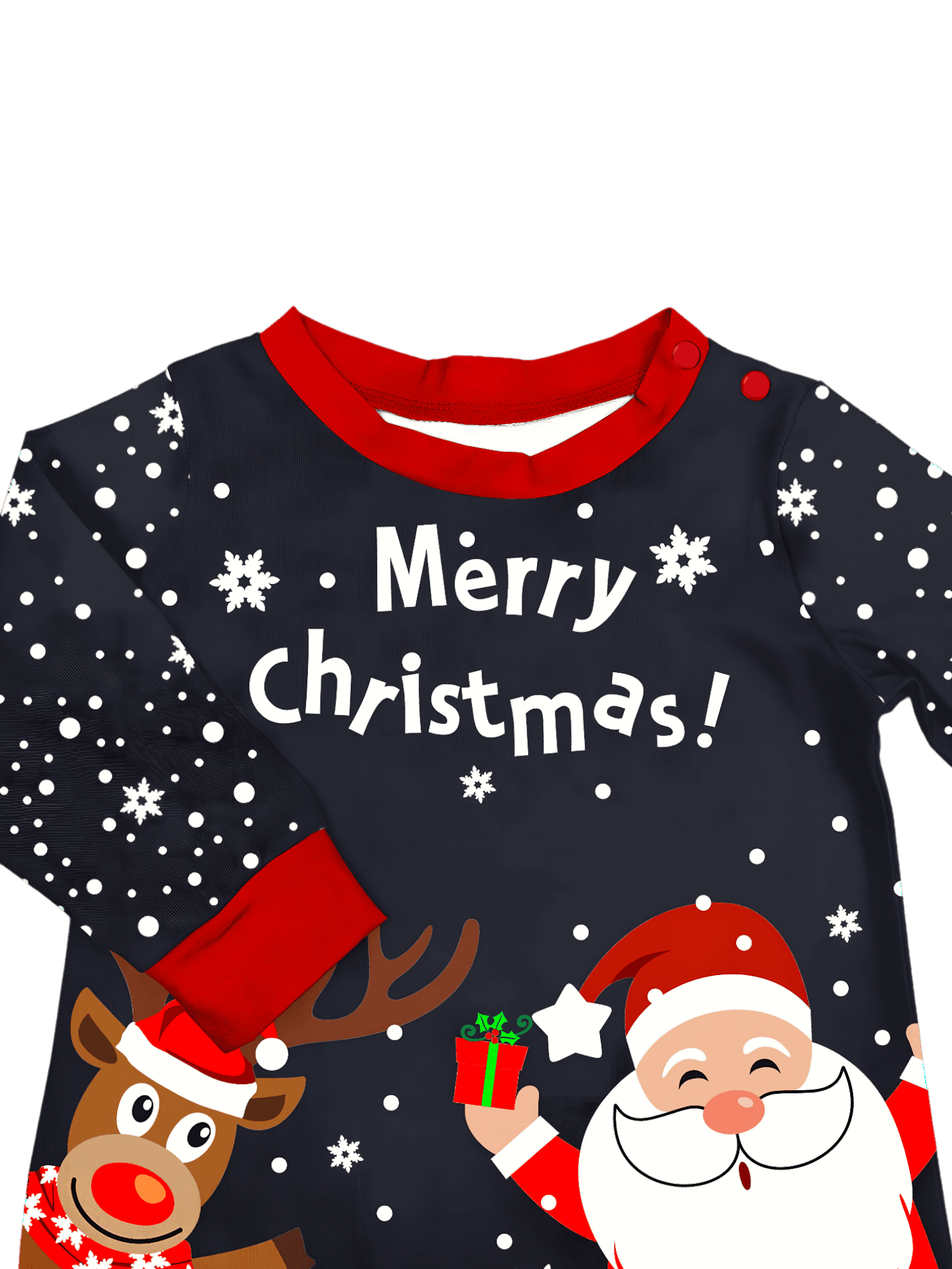 Verschneite Pyjamas, der Weihnachtsmann beschenkt sein kleines Rentier